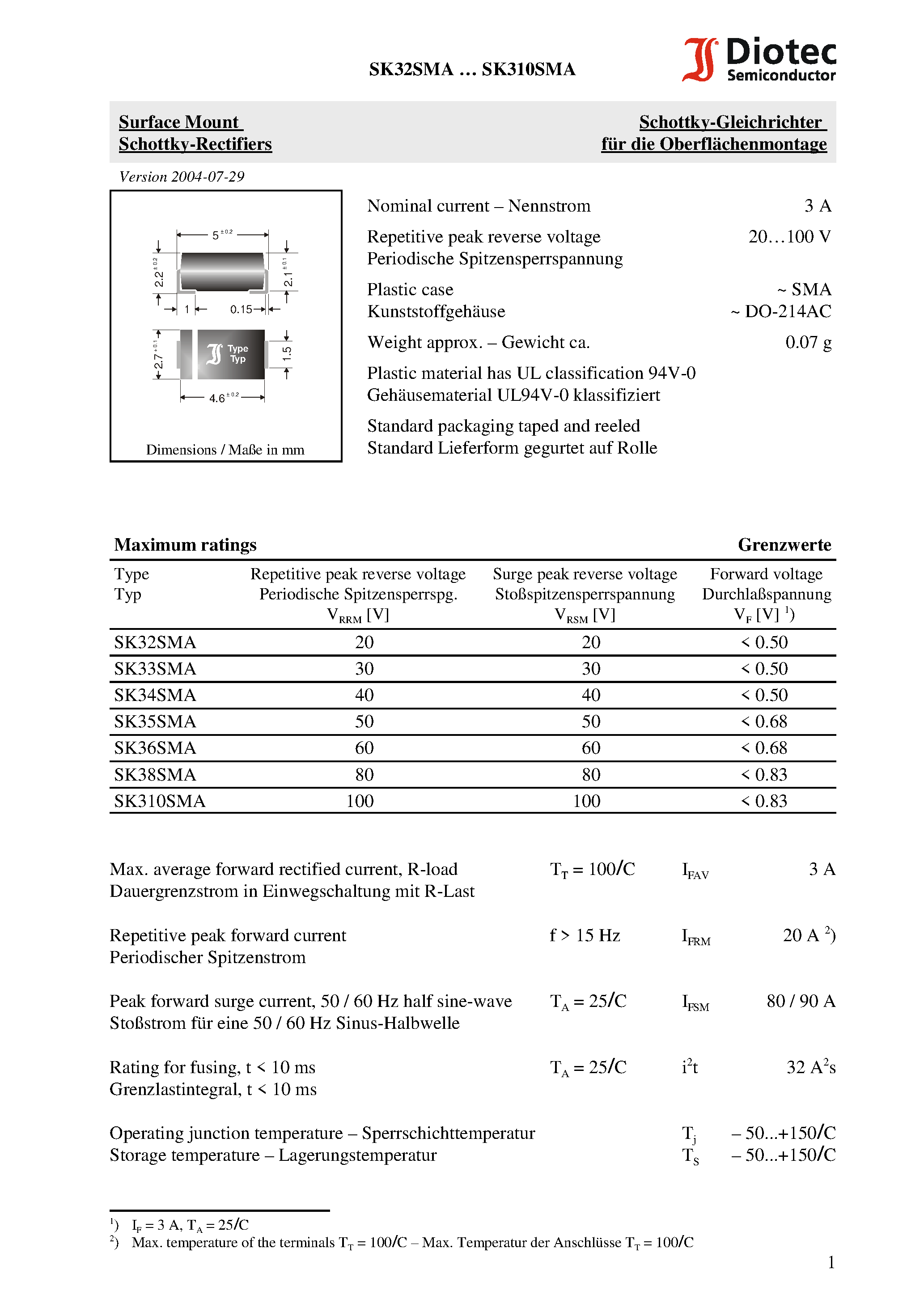 Datasheet SK33SMA - Surface Mount Schottky-Rectifiers page 1