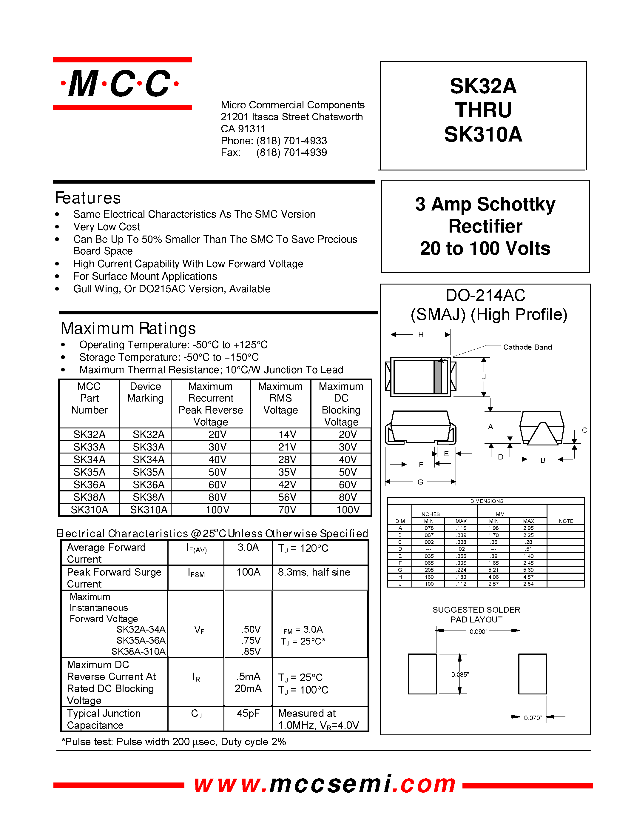 Datasheet SK34A - 3 Amp Schottky Rectifier 20 to 100 Volts page 1