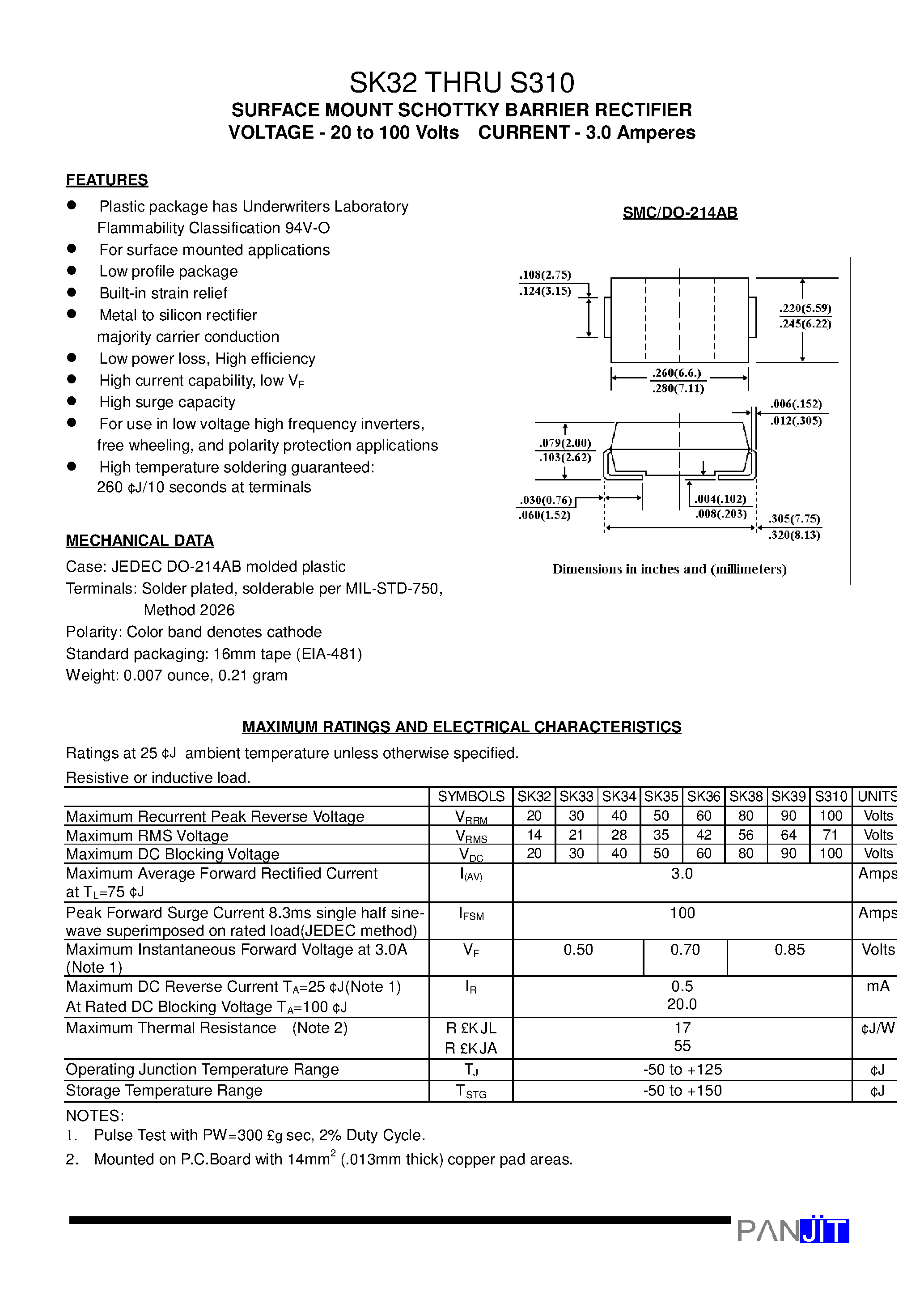 Datasheet SK36 page 1 Datasheet SK36 - SURFACE MOUNT SCHOTTKY BARRIER RECTIFIER(VOLTAGE - 20 to 100 Volts CURRENT - 3.0 Amperes) page 1