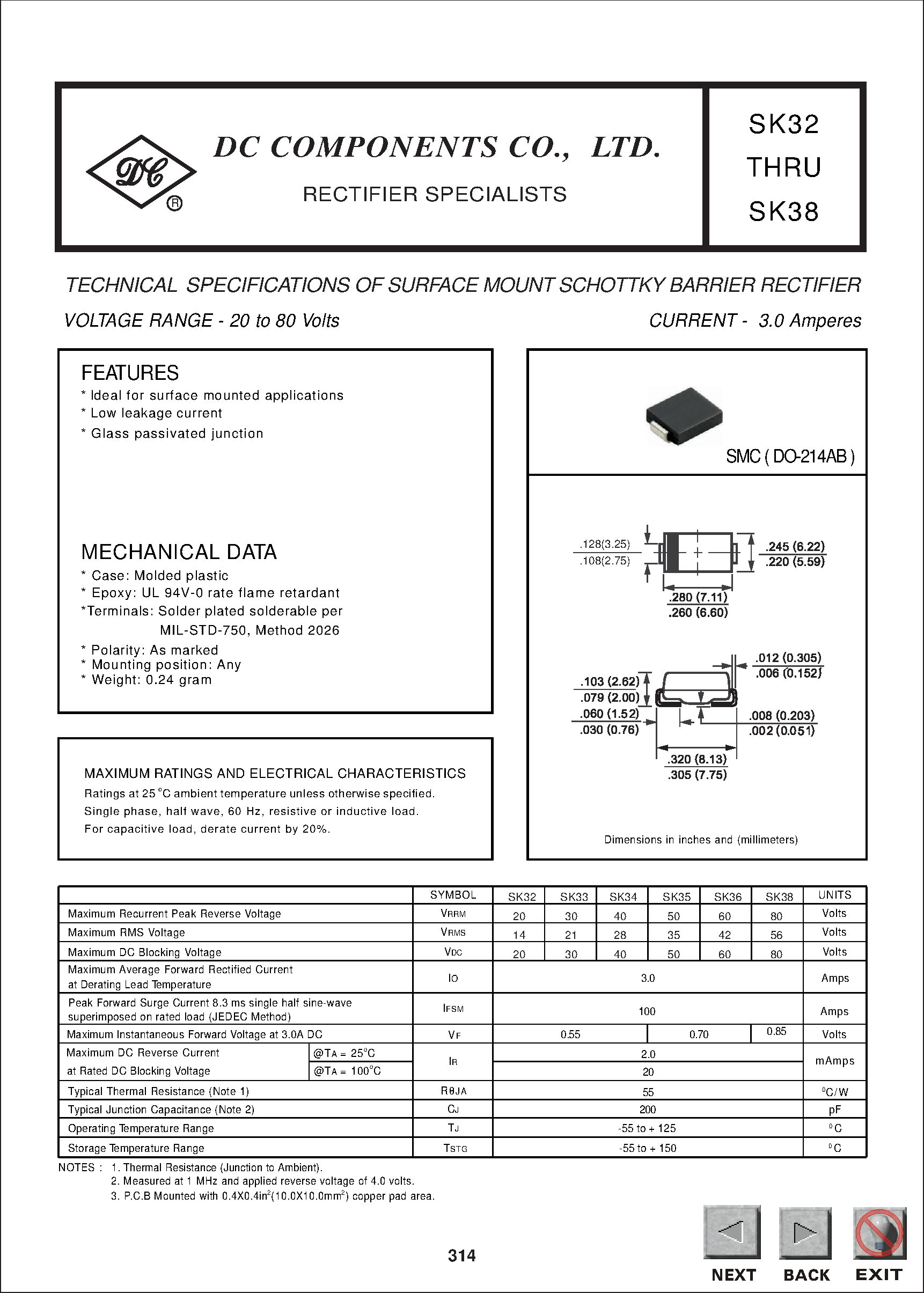 Datasheet SK36 page 1 Datasheet SK36 - TECHNICAL SPECIFICATIONS OF SURFACE MOUNT SCHOTTKY BARRIER RECTIFIER page 1