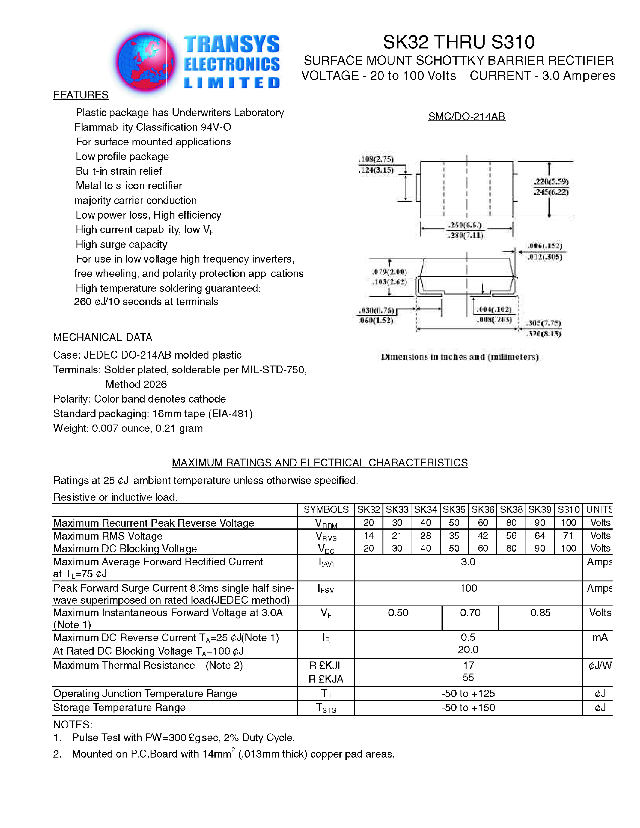 Datasheet SK36 page 1 Datasheet SK36 - SURFACE MOUNT SCHOTTKY BARRIER RECTIFIER page 1