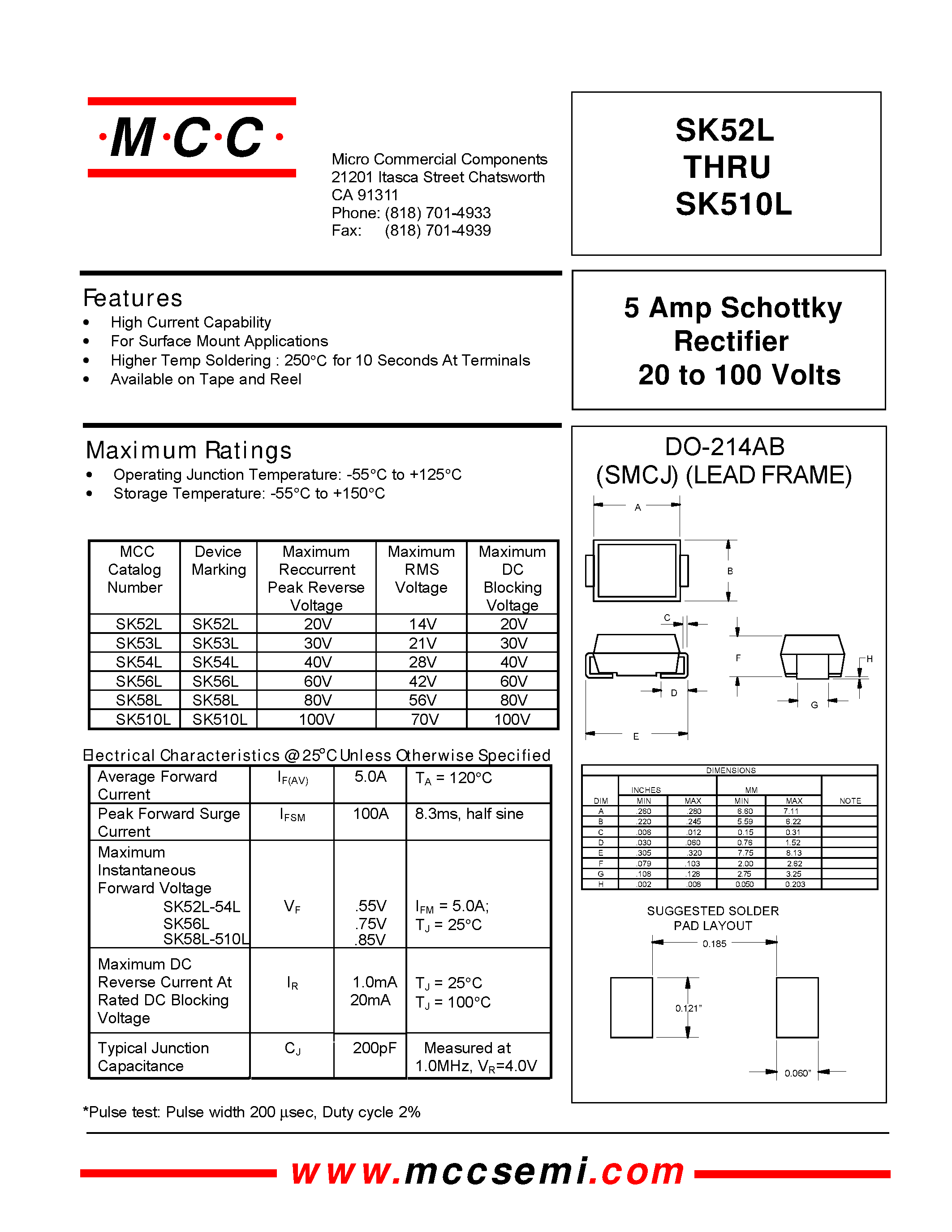 Datasheet SK510L - 5 Amp Schottky Rectifier 20 to 100 Volts page 1