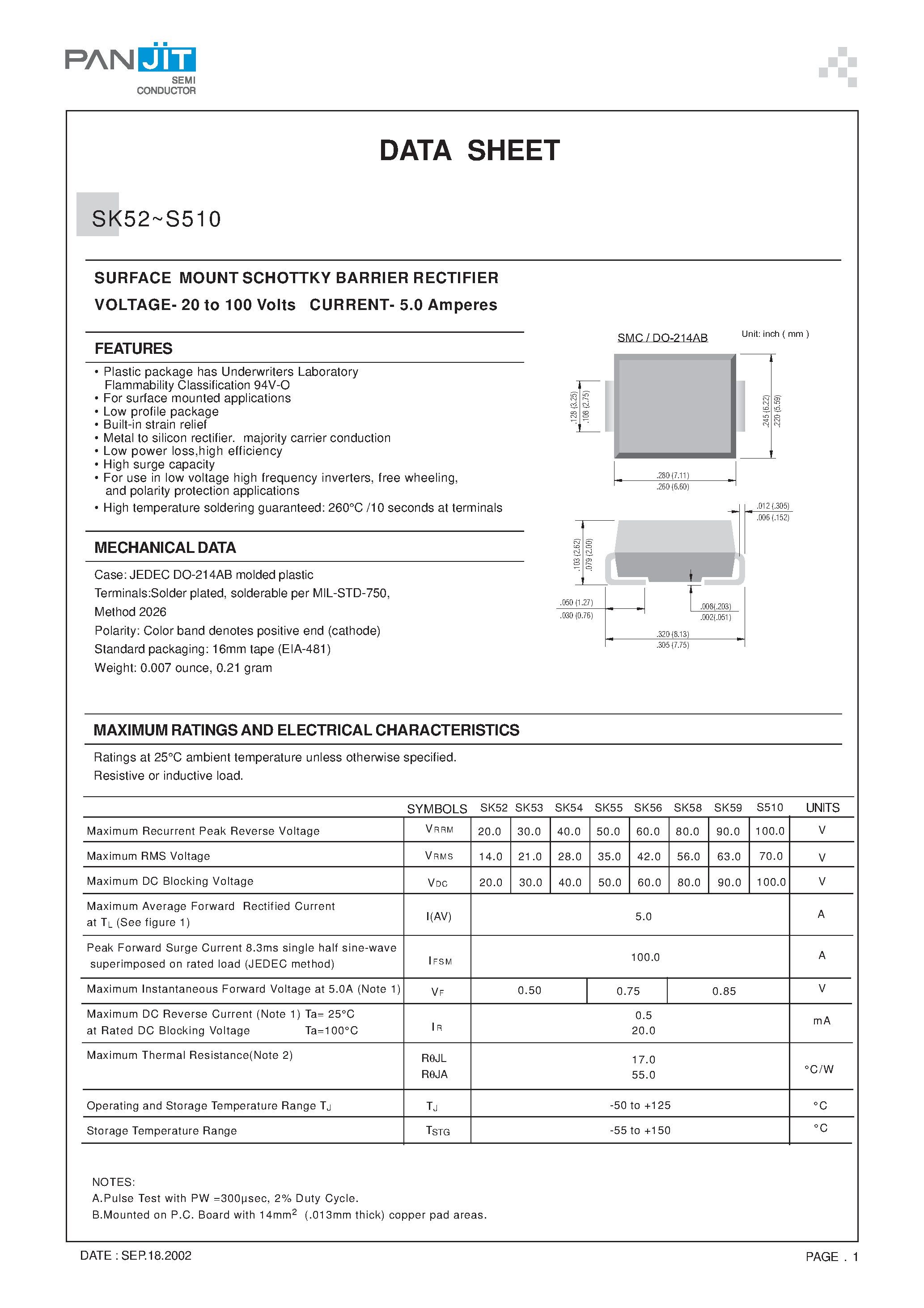 Datasheet SK54 - SURFACE MOUNT SCHOTTKY BARRIER RECTIFIER(VOLTAGE- 20 to 100 Volts CURRENT- 5.0 Amperes) page 1