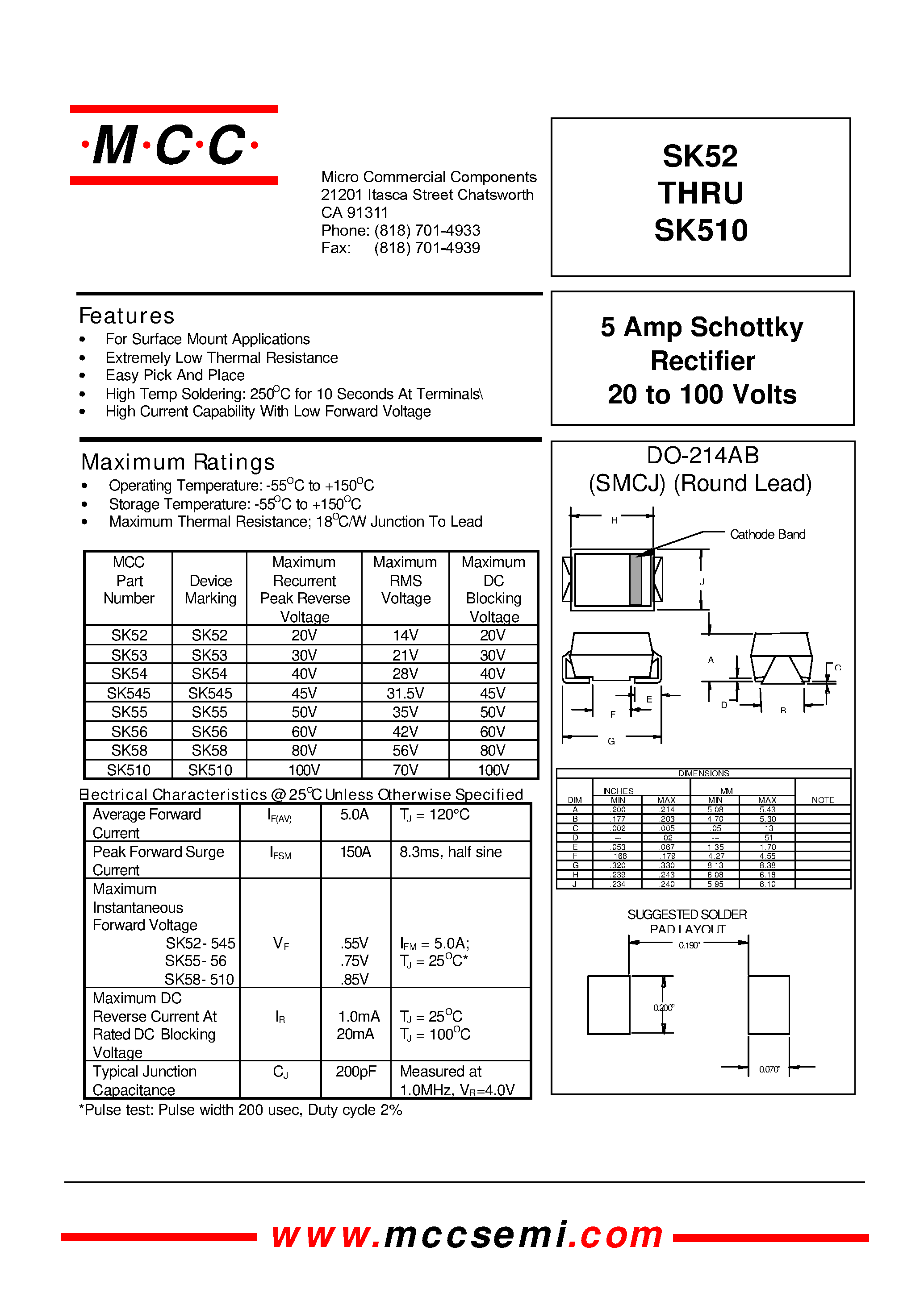 Datasheet SK545 - 5 Amp Schottky Rectifier 20 to 100 Volts page 1