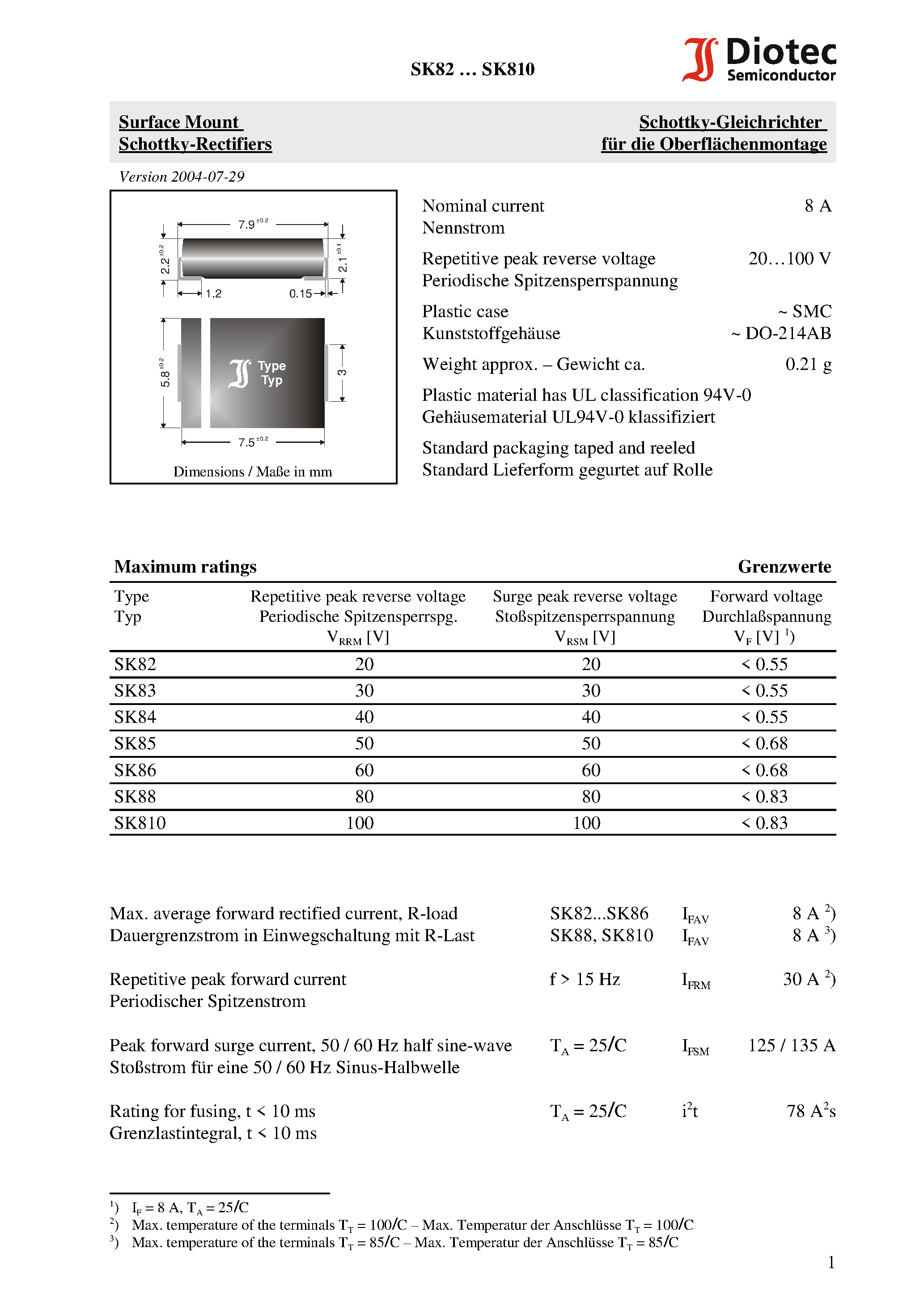 Datasheet SK810 - Surface Mount Schottky-Rectifiers page 1
