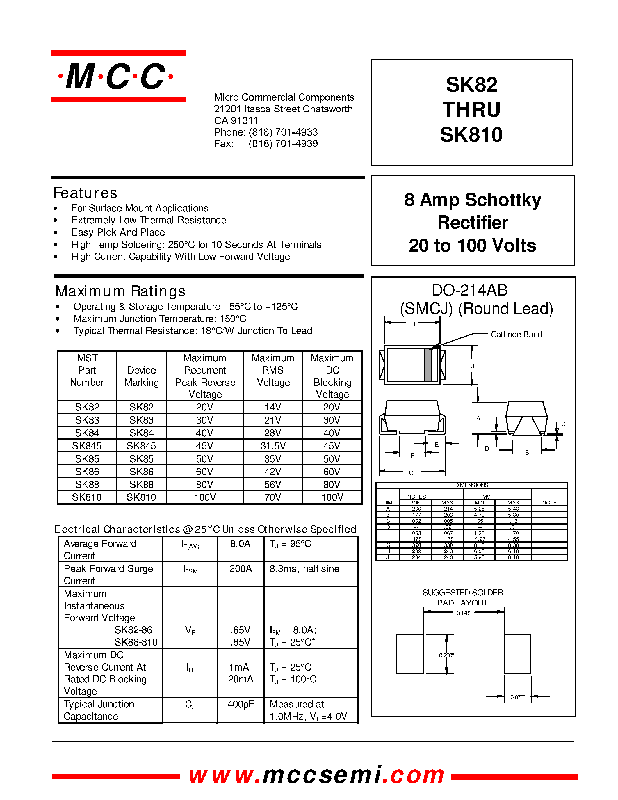 Даташит SK82 - 8 Amp Schottky Rectifier 20 to 100 Volts страница 1