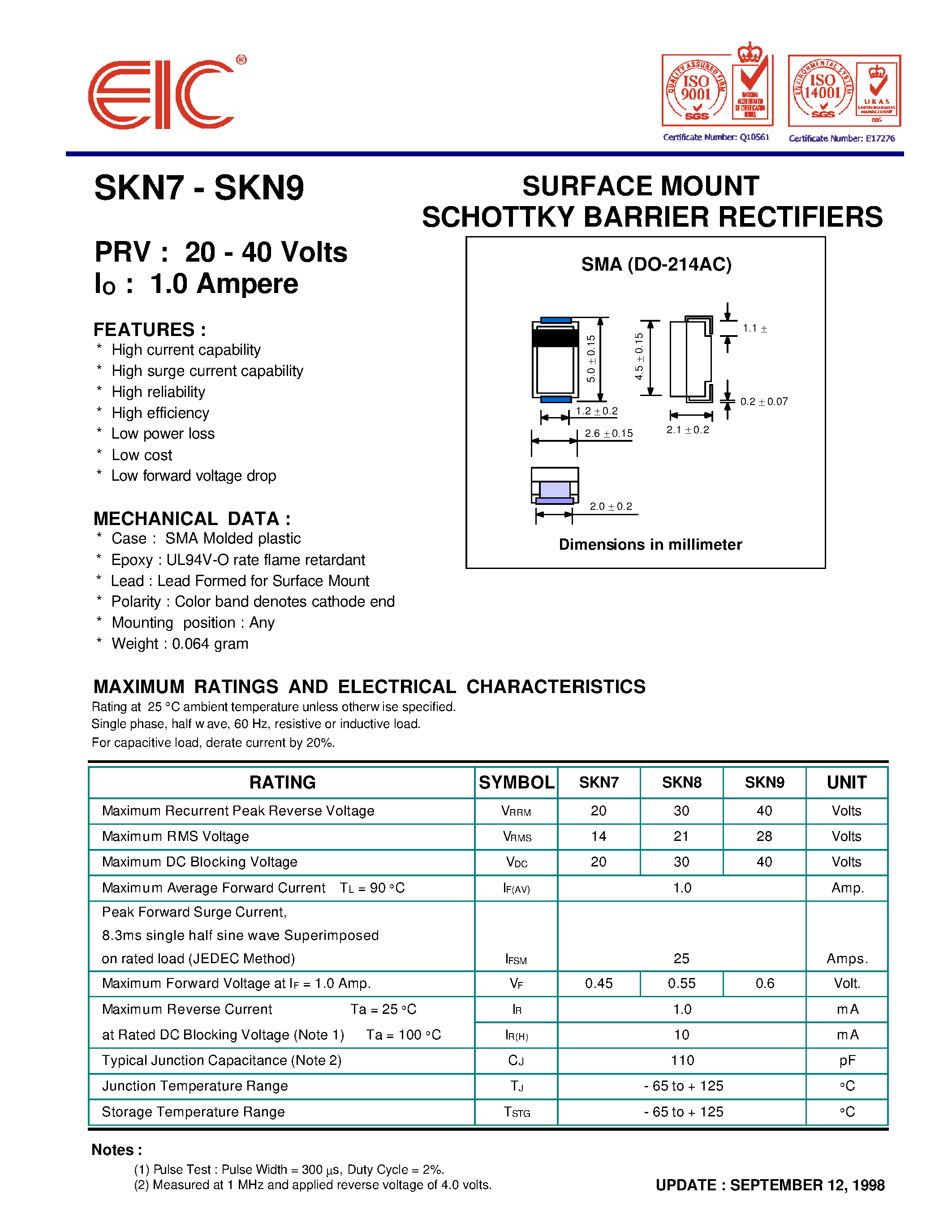 Datasheet SKN7 - SURFACE MOUNT SCHOTTKY BARRIER RECTIFIERS page 1