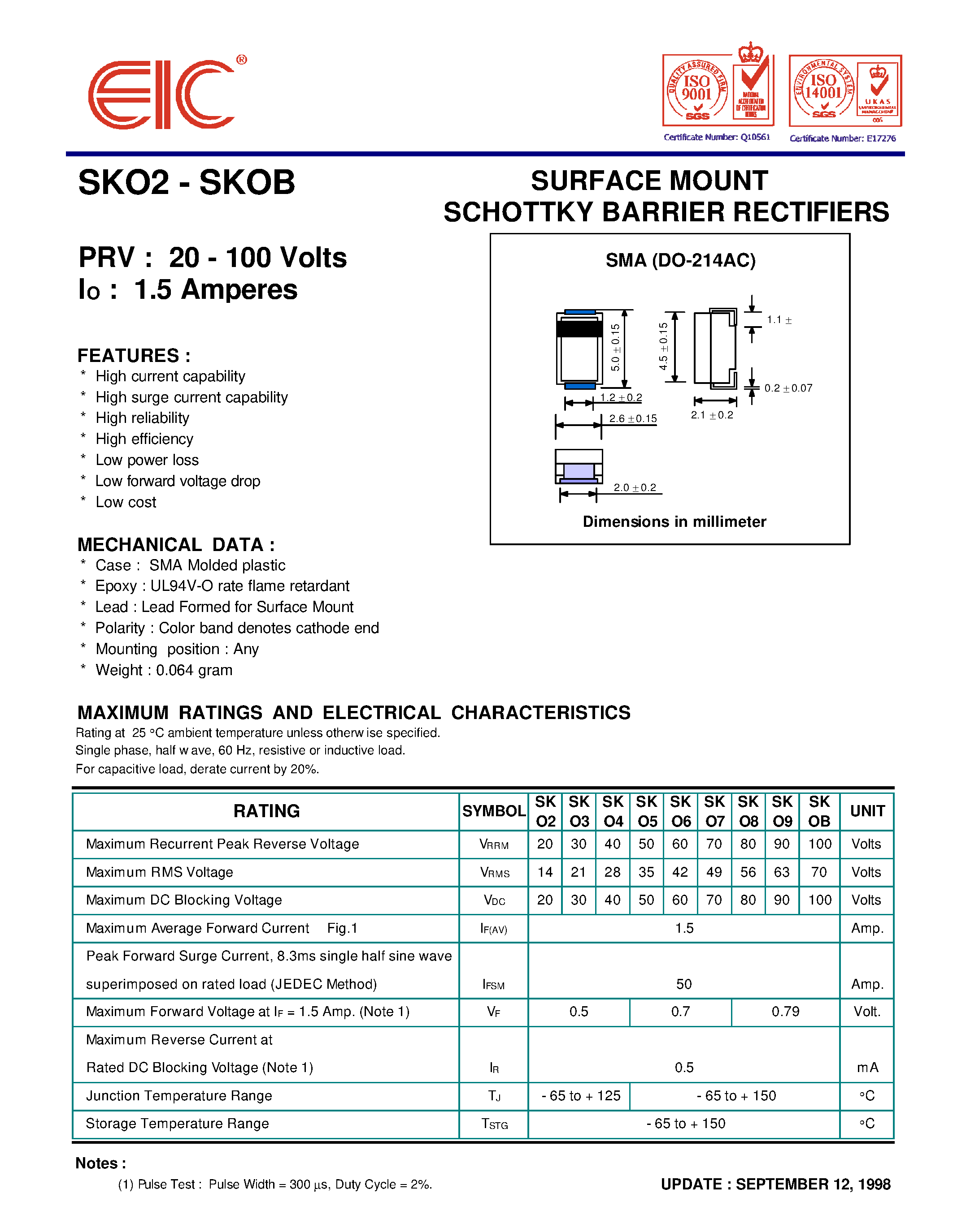Datasheet SKOB - SURFACE MOUNT SCHOTTKY BARRIER RECTIFIERS page 1
