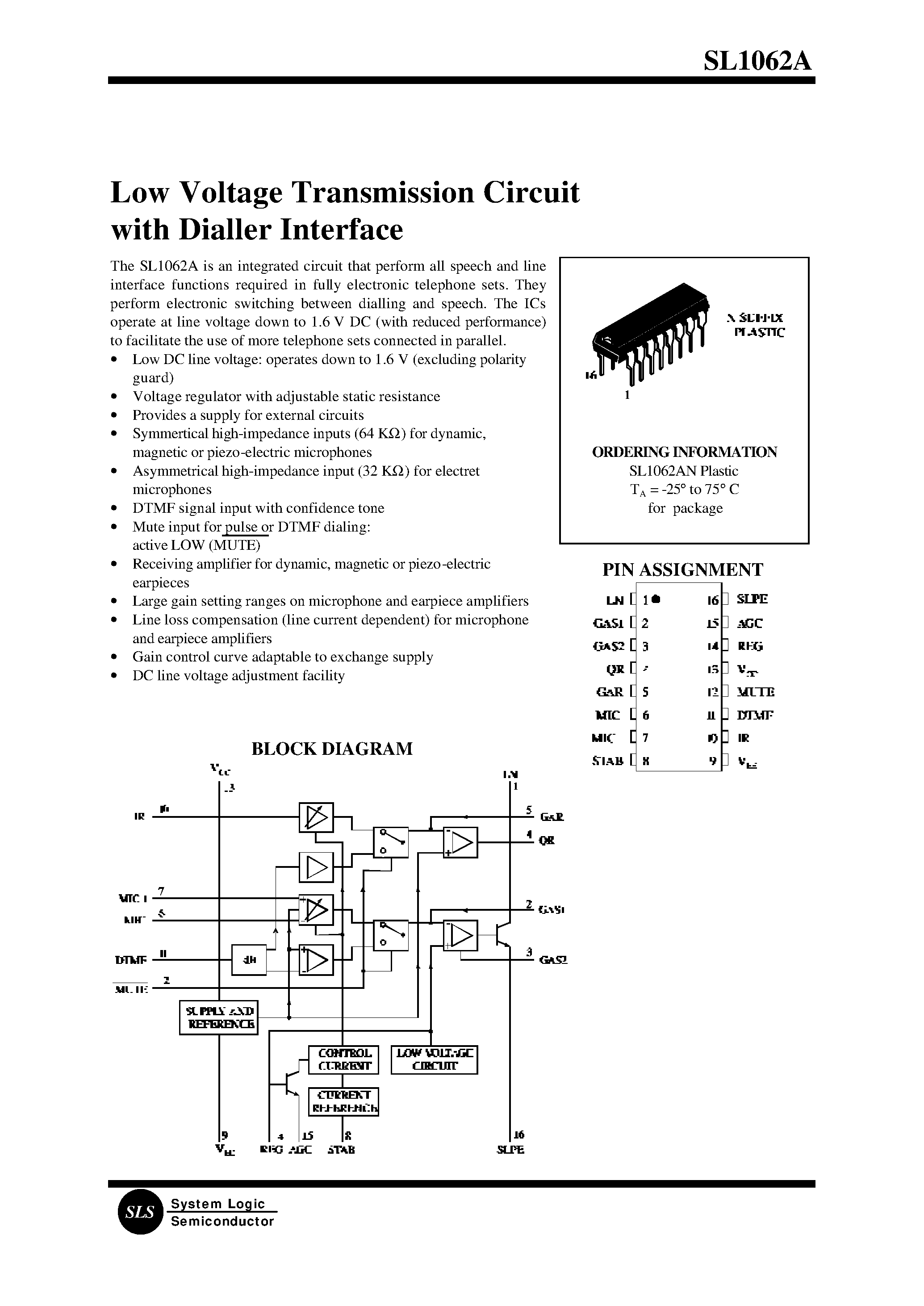 Datasheet SL1062A - Low Voltage Transmission Circuit with Dialler Interface page 1