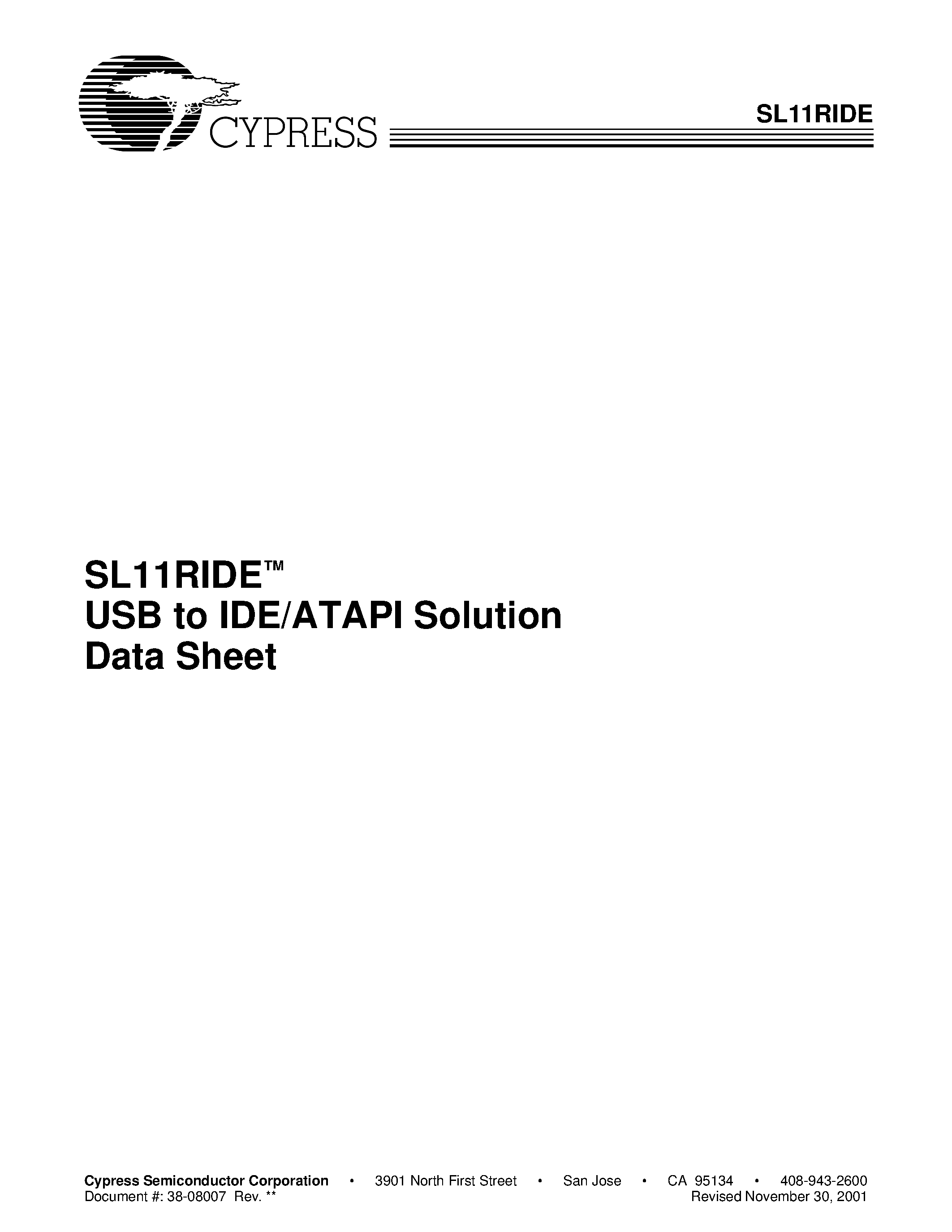 Datasheet SL11RIDE page 1 Datasheet SL11RIDE - USB to IDE/ATAPI Solution page 1