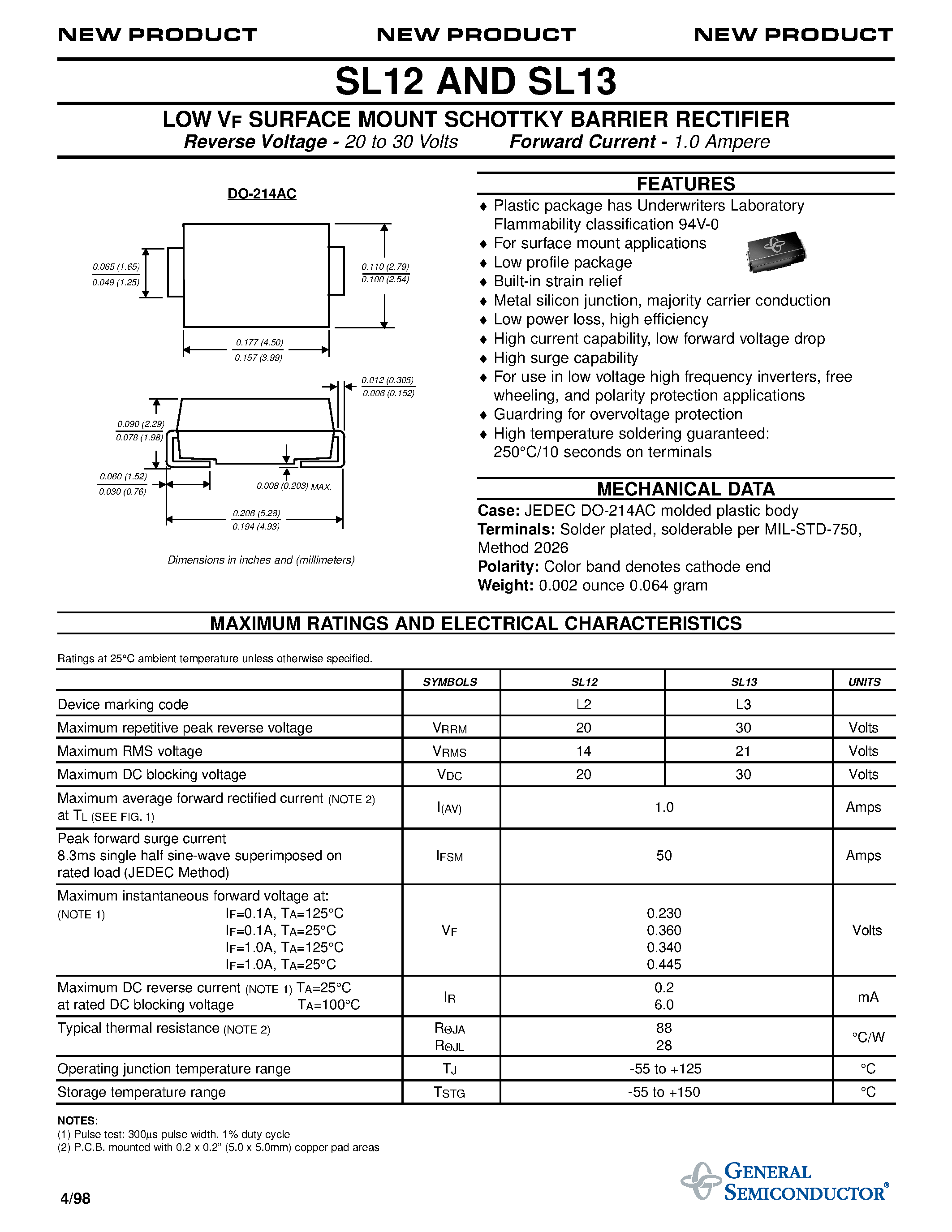 Datasheet SL12 page 1 Datasheet SL12 - LOW VF SURFACE MOUNT SCHOTTKY BARRIER RECTIFIER page 1