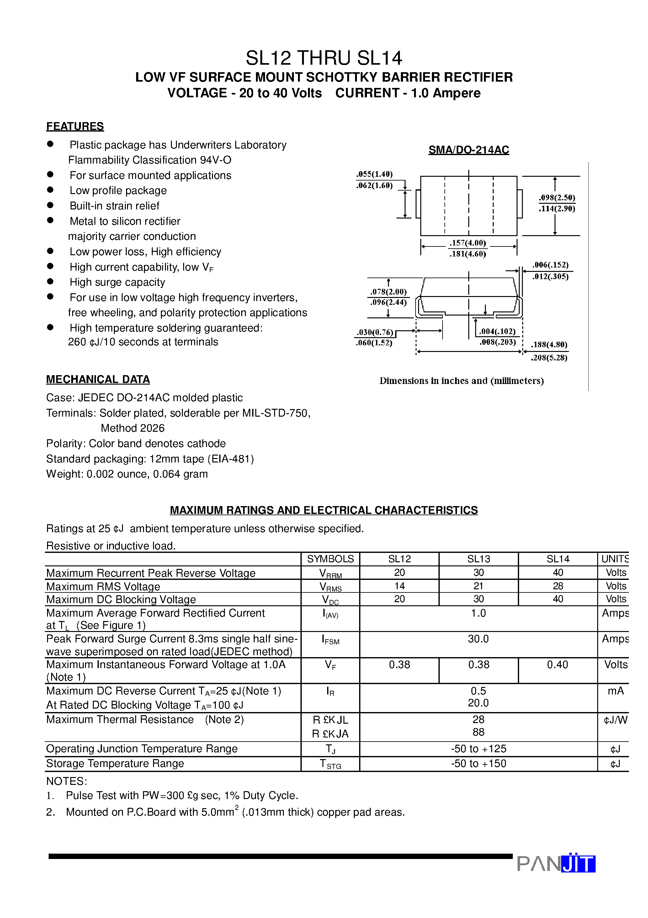Datasheet SL14 - LOW VF SURFACE MOUNT SCHOTTKY BARRIER RECTIFIER(VOLTAGE - 20 to 40 Volts CURRENT - 1.0 Ampere) page 1