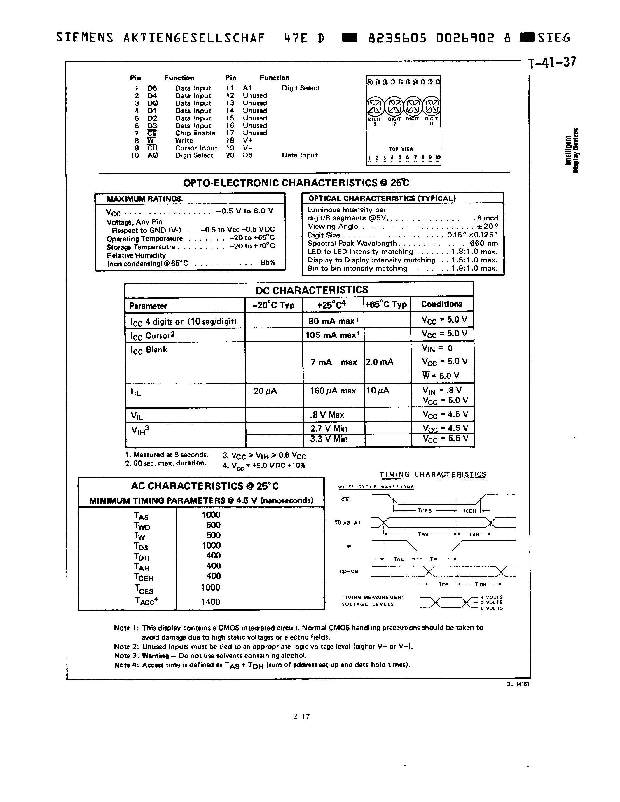 Даташит SL1416T - 160 RED/ 4-DIGIT 16-SEGMENT ALPHANUMERIC INTELLIGENT DISPLAY WITH MEMORY/DECODER/DRIVER страница 2