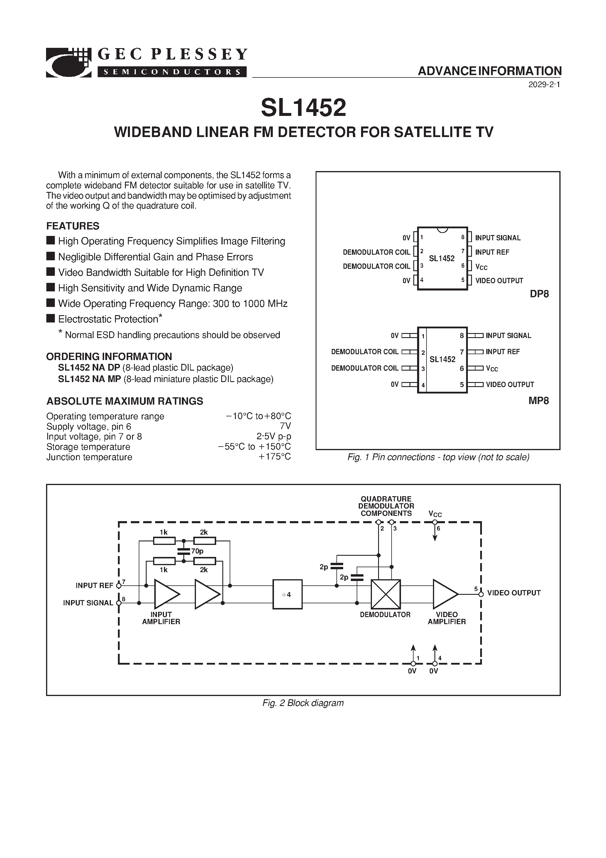 Datasheet SL1452NAMP page 2 Datasheet SL1452NAMP - WIDEBAND LINEAR FM DETECTOR FOR SATELLITE TV page 2