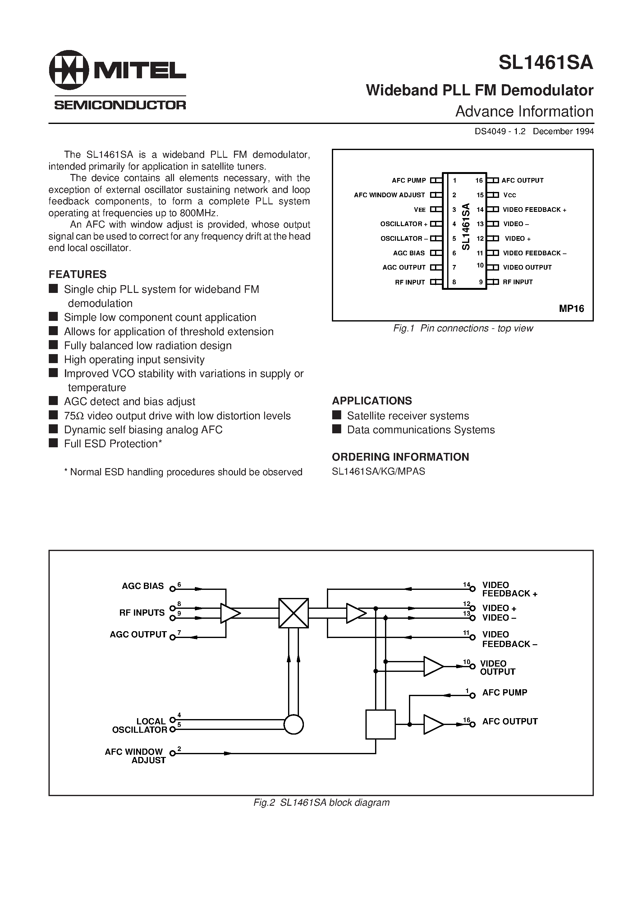 Datasheet SL1461 - Wideband PLL FM Demodulator page 1