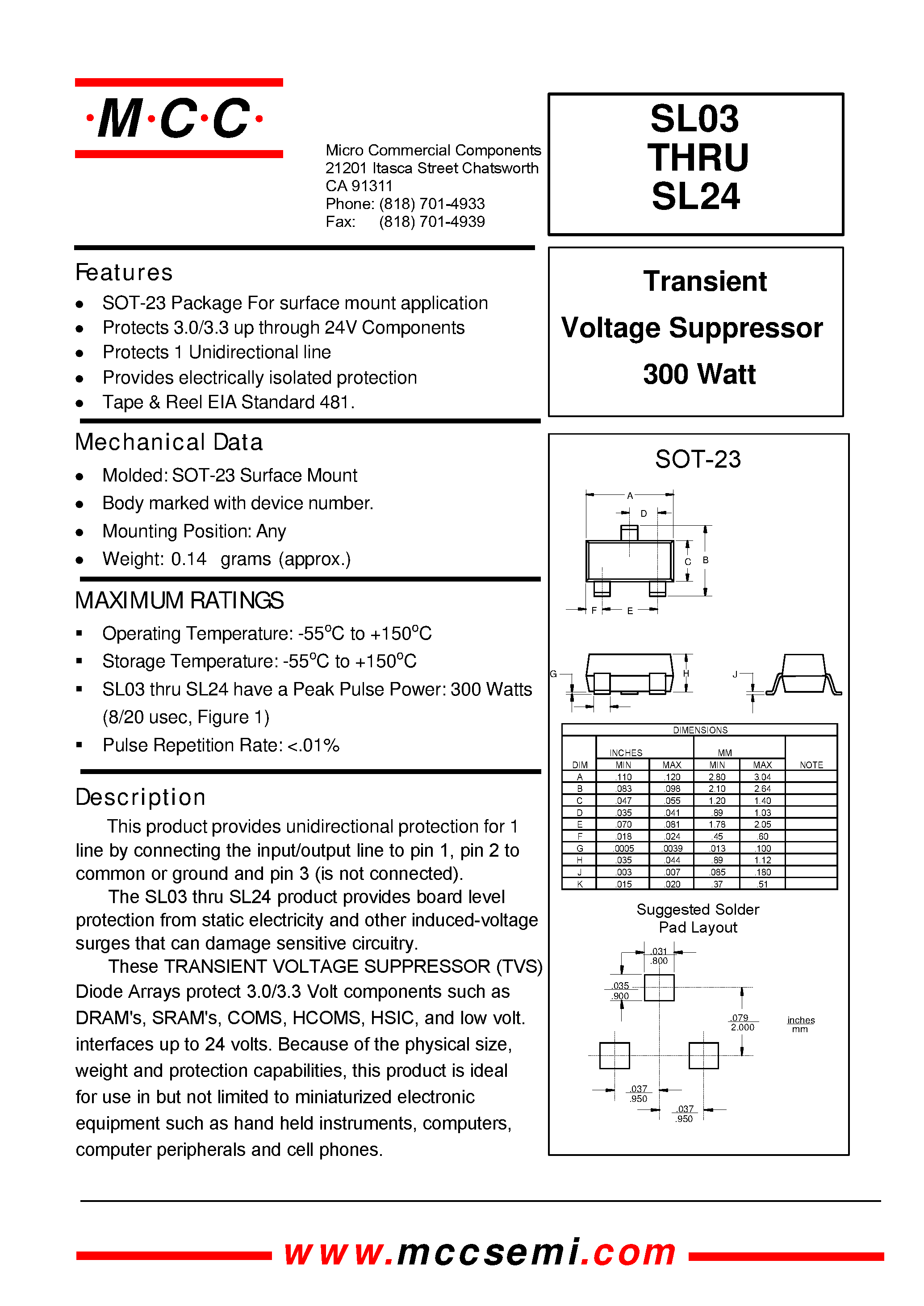 Даташит SL15 - Transient Voltage Suppressor 300 Watt страница 1
