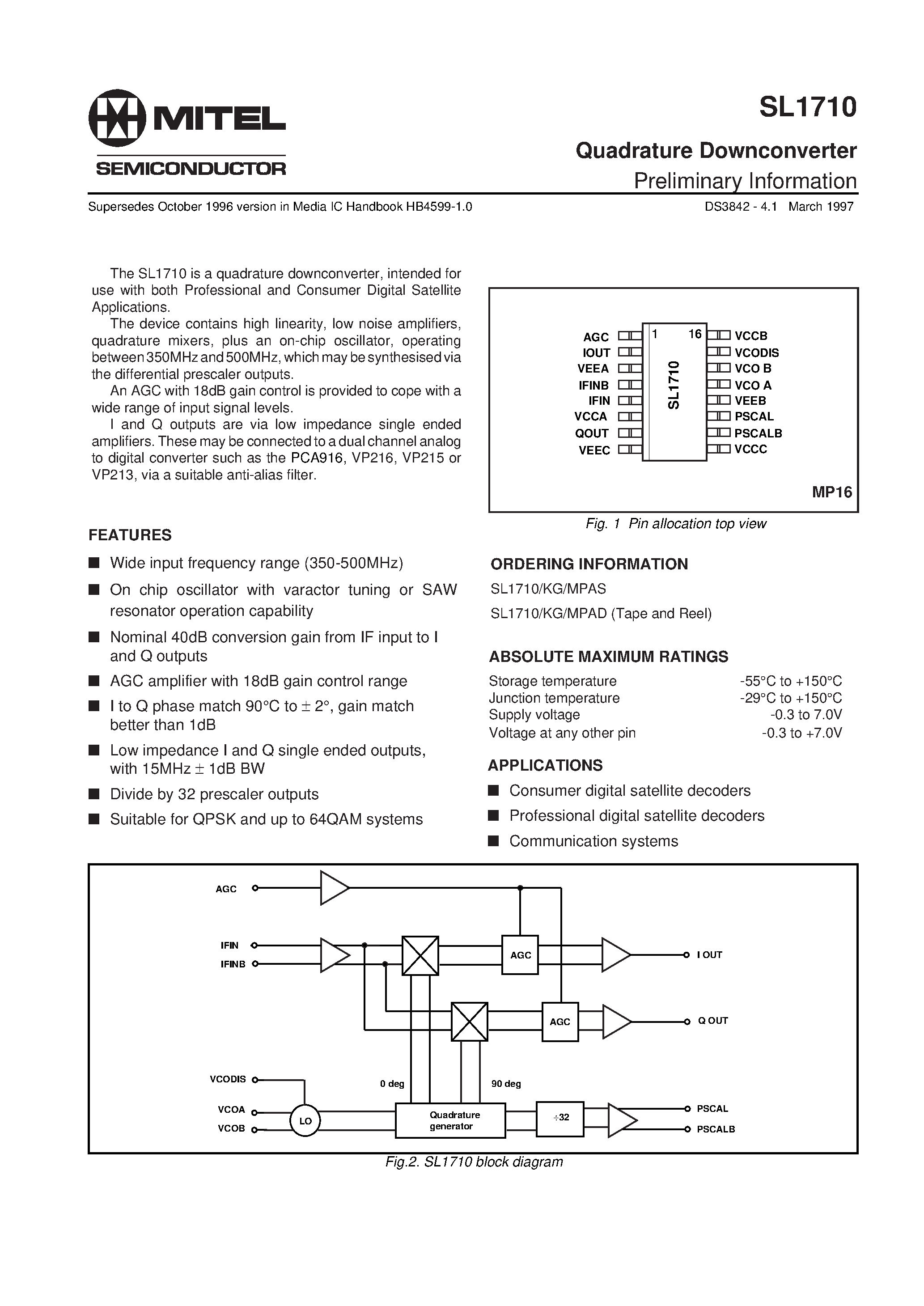 Datasheet SL1710 - Quadrature Downconverter page 1
