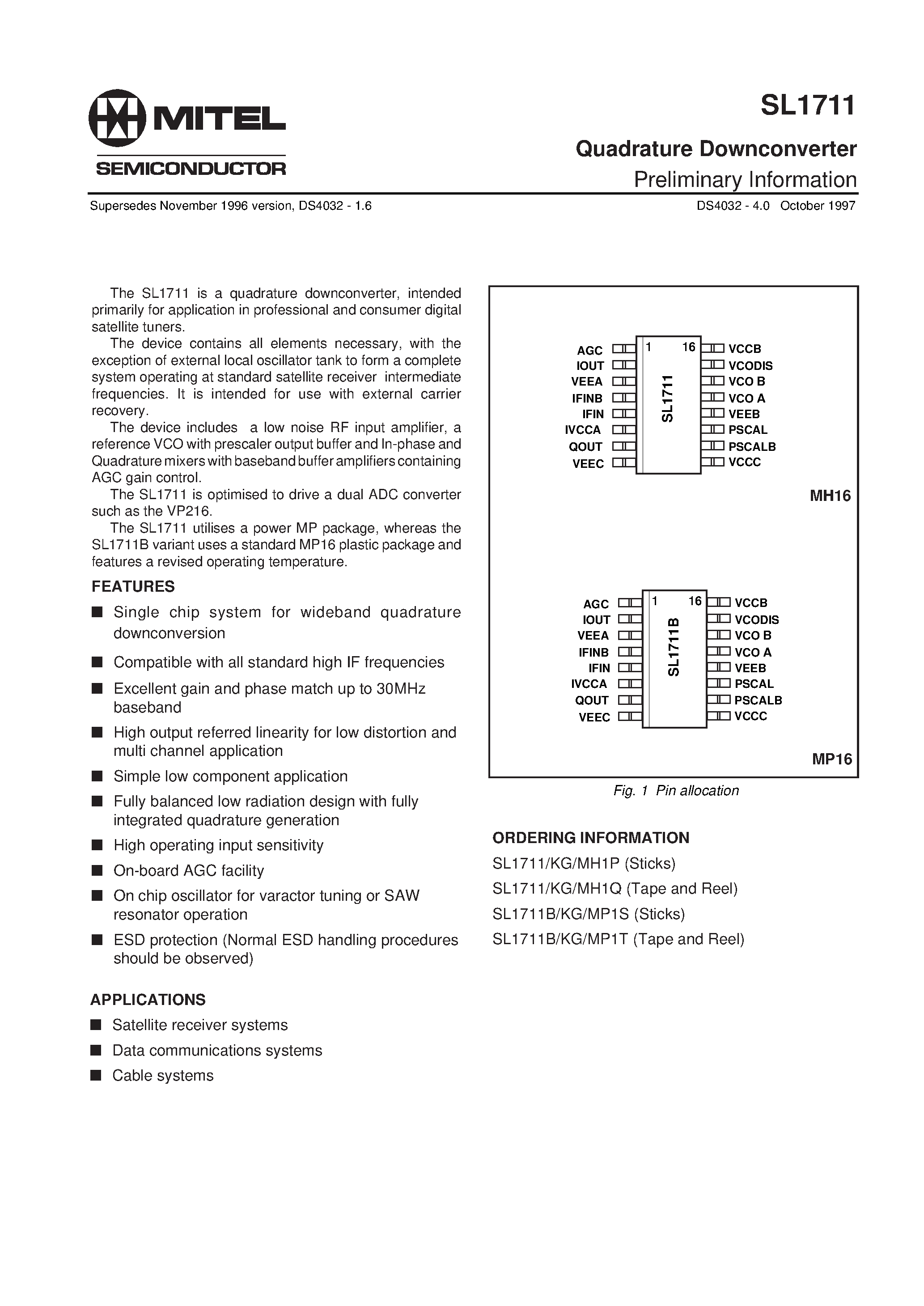 Datasheet SL1711 page 1 Datasheet SL1711 - Quadrature Downconverter page 1