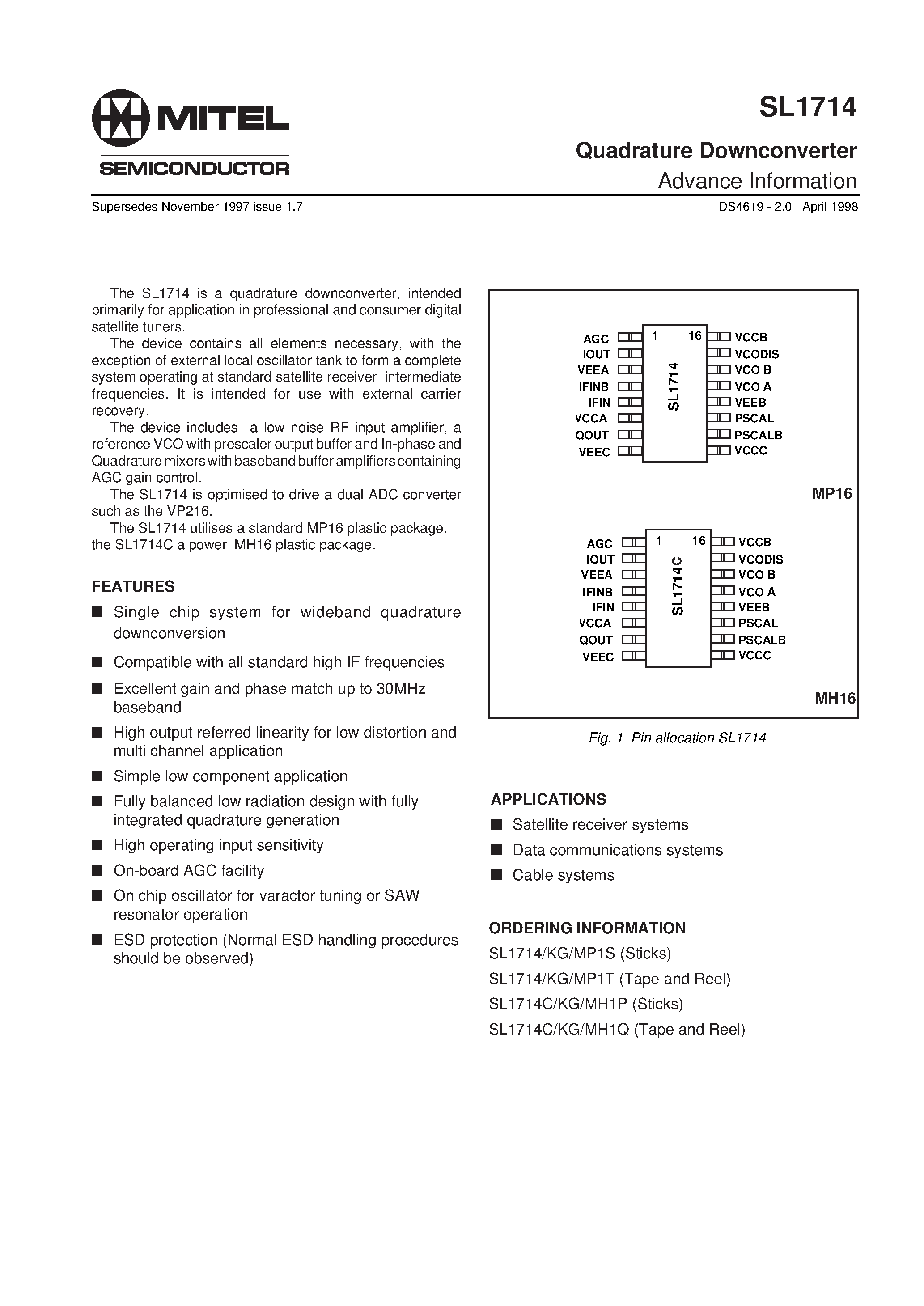 Datasheet SL1714 page 1 Datasheet SL1714 - Quadrature Downconverter page 1