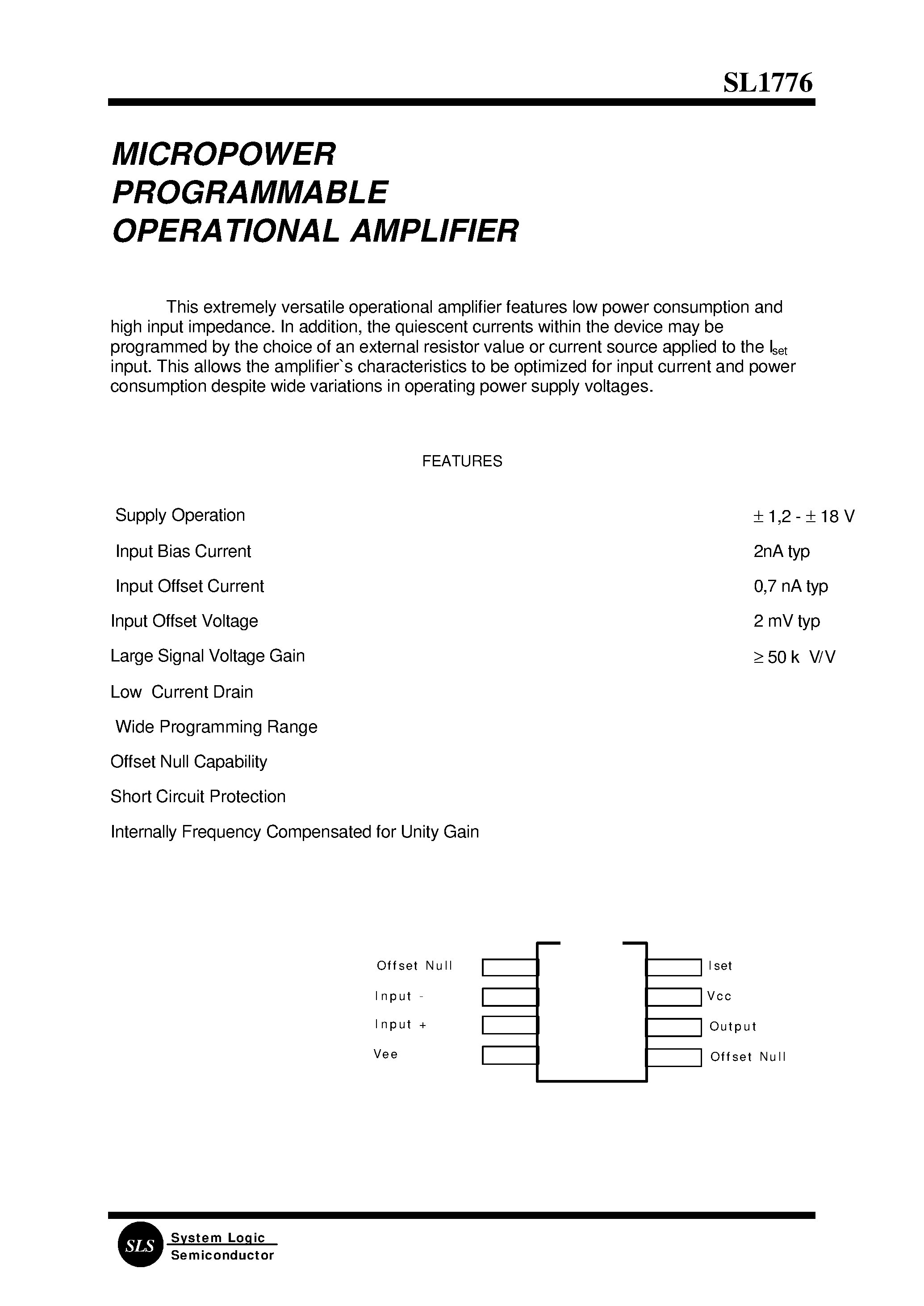 Datasheet SL1776 page 1 Datasheet SL1776 - MICROPOWER PROGRAMMABLE OPERATIONAL AMPLIFIER page 1