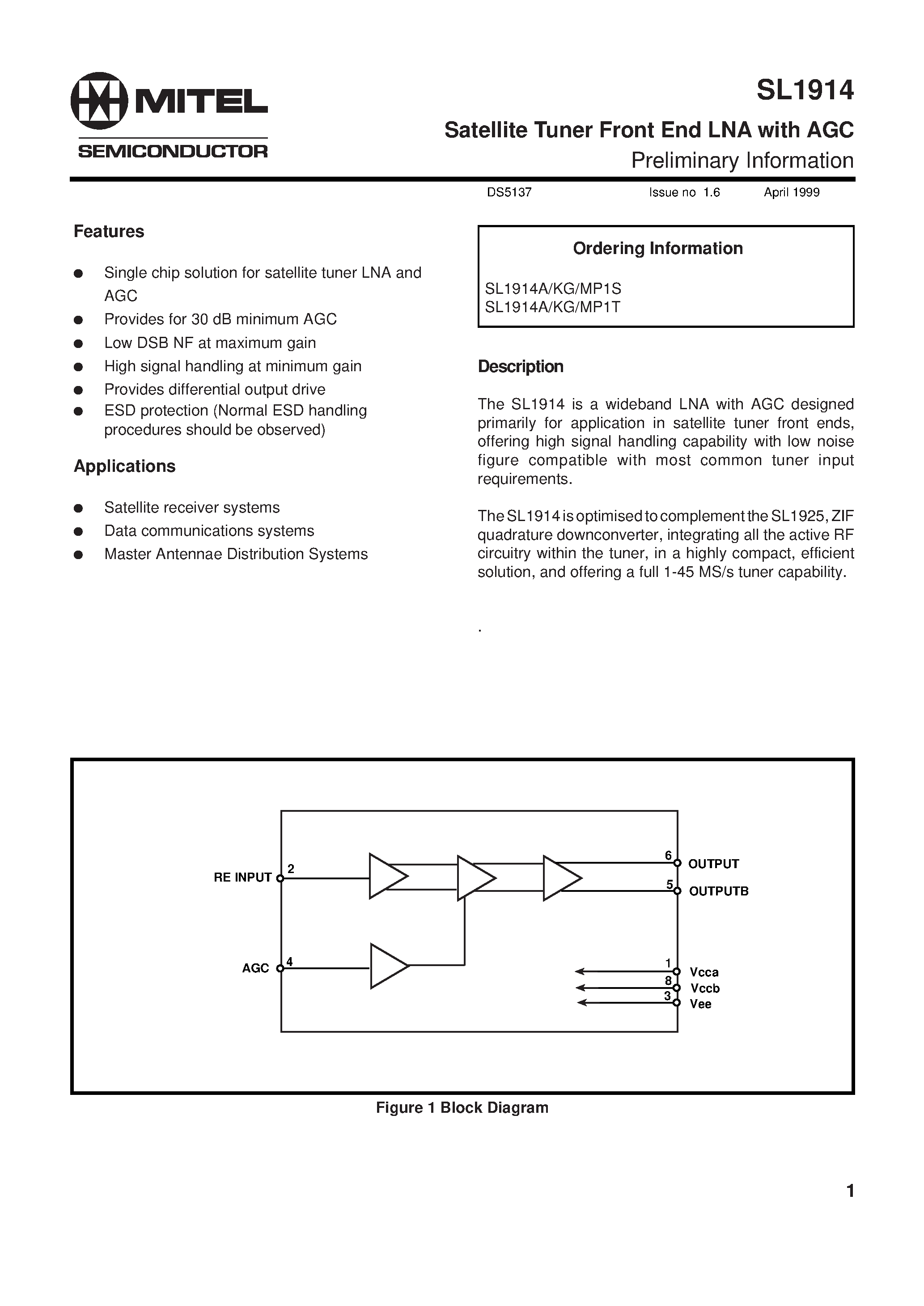 Datasheet SL1914 page 1 Datasheet SL1914 - Satellite Tuner Front End LNA with AGC page 1