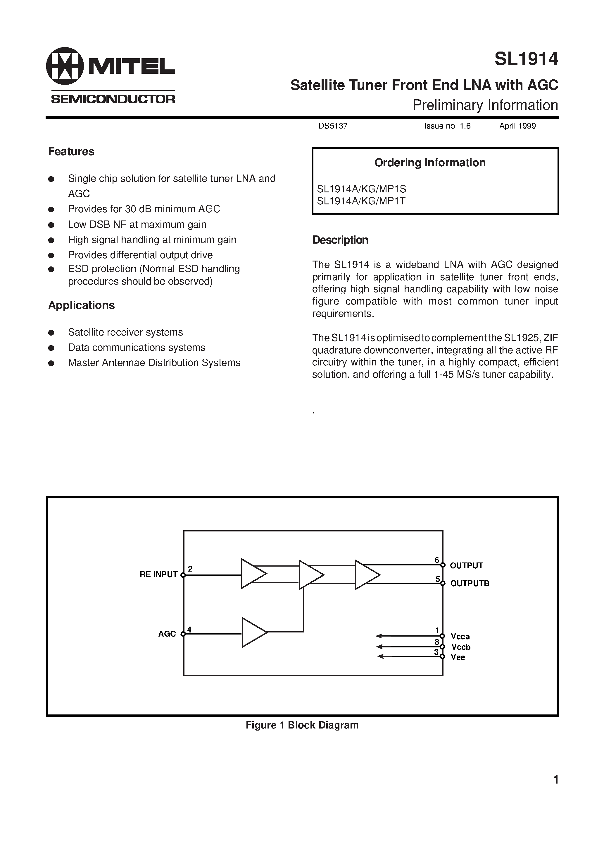 Datasheet SL1914A - Satellite Tuner Front End LNA with AGC page 1