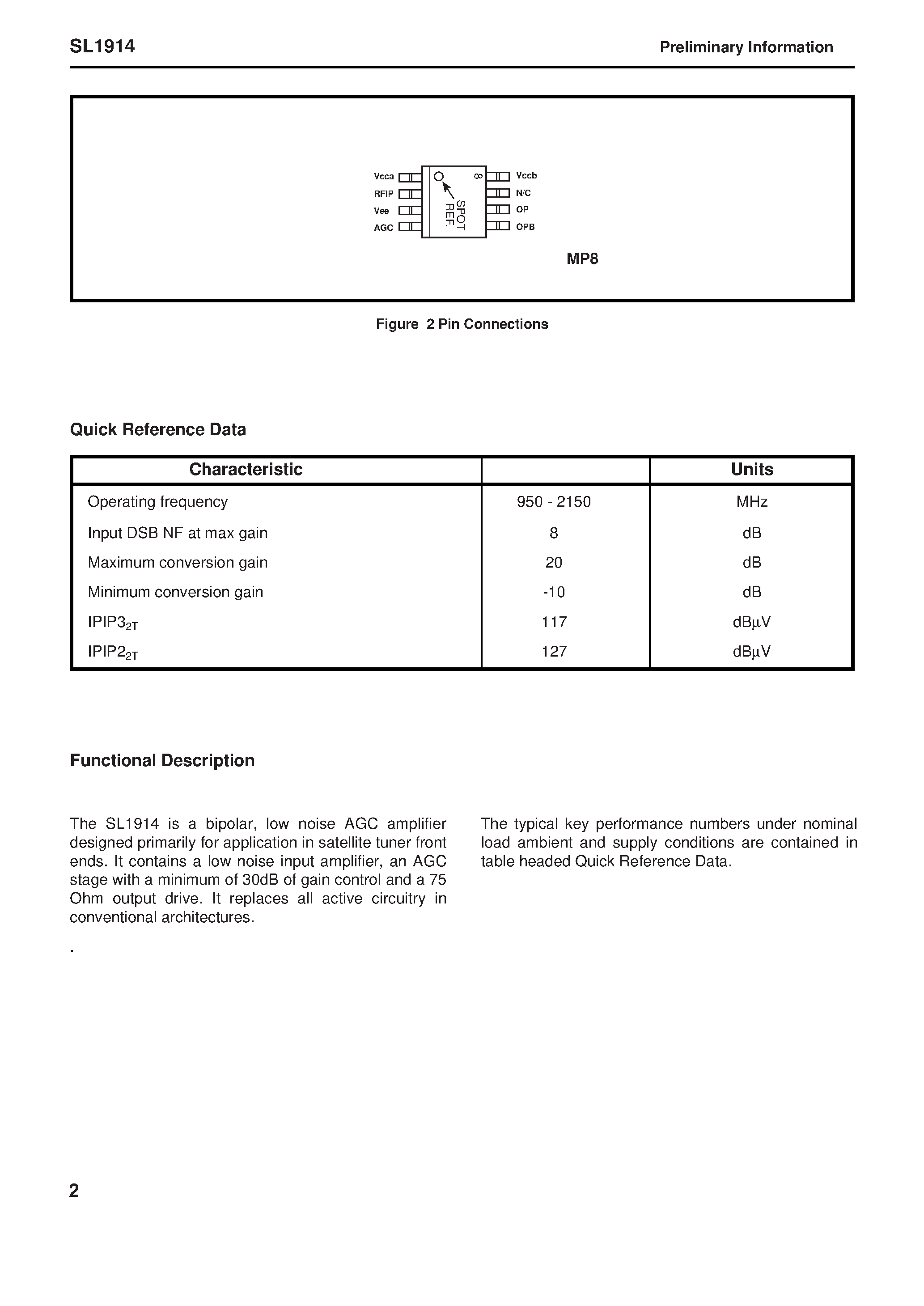 Datasheet SL1914A page 2 Datasheet SL1914A - Satellite Tuner Front End LNA with AGC page 2