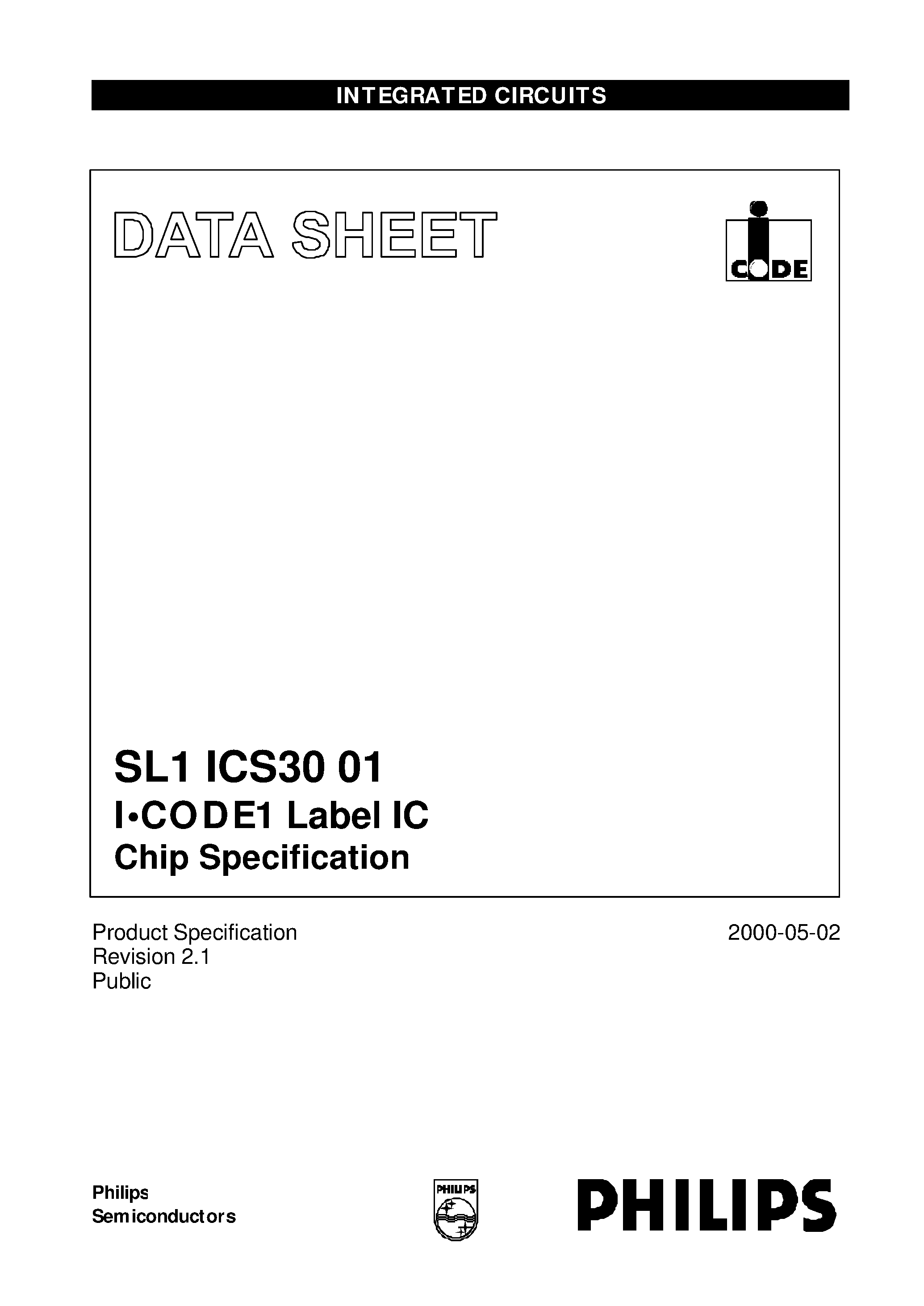 Datasheet SL1ICS3001U page 1 Datasheet SL1ICS3001U - I.CODE1 Label IC Chip Specification page 1