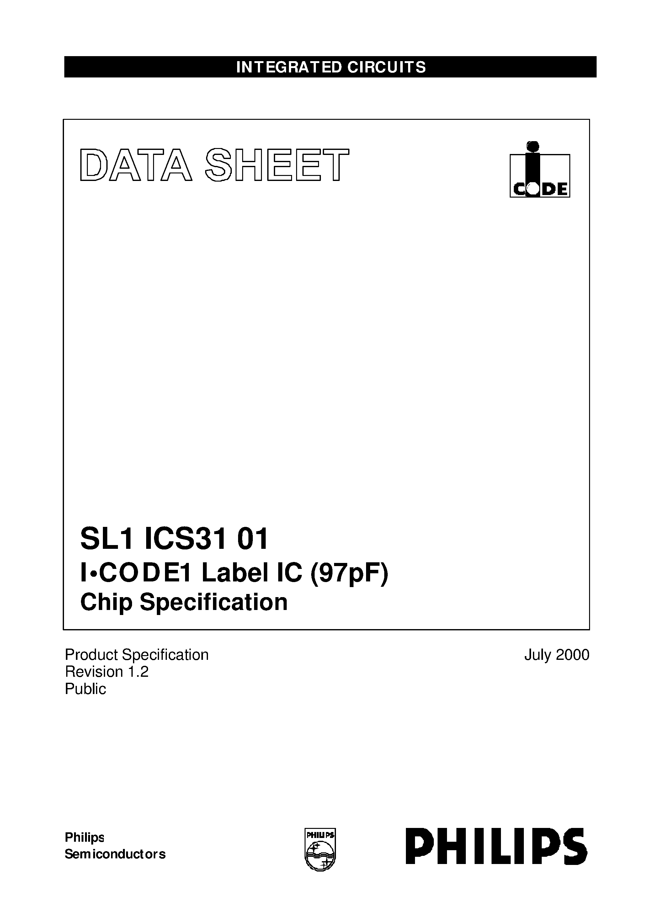 Datasheet SL1ICS3101W - I.CODE1 Label IC 97pF Chip Specification page 1