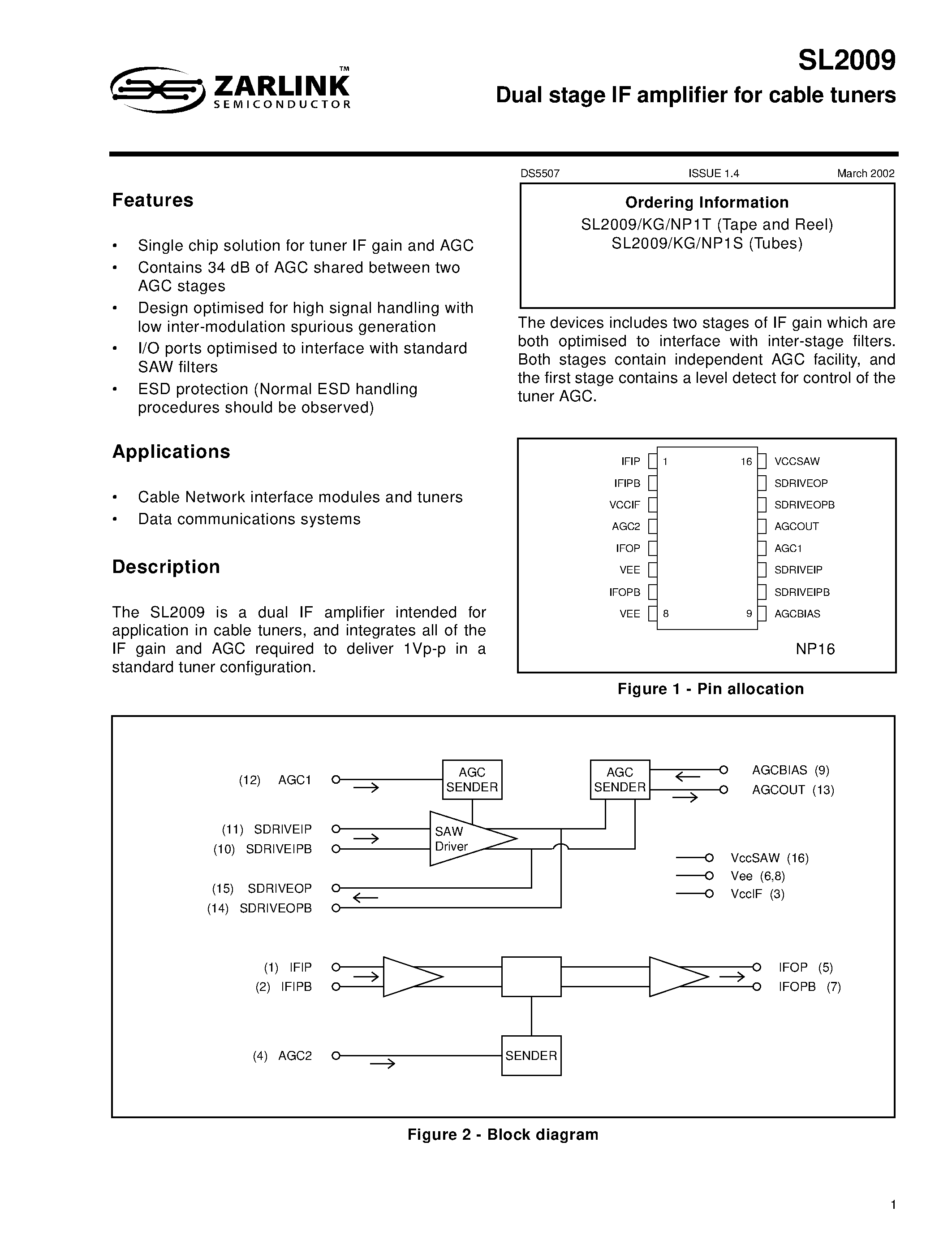 Datasheet SL2009NP1S - Dual stage IF amplifier for cable tuners page 1