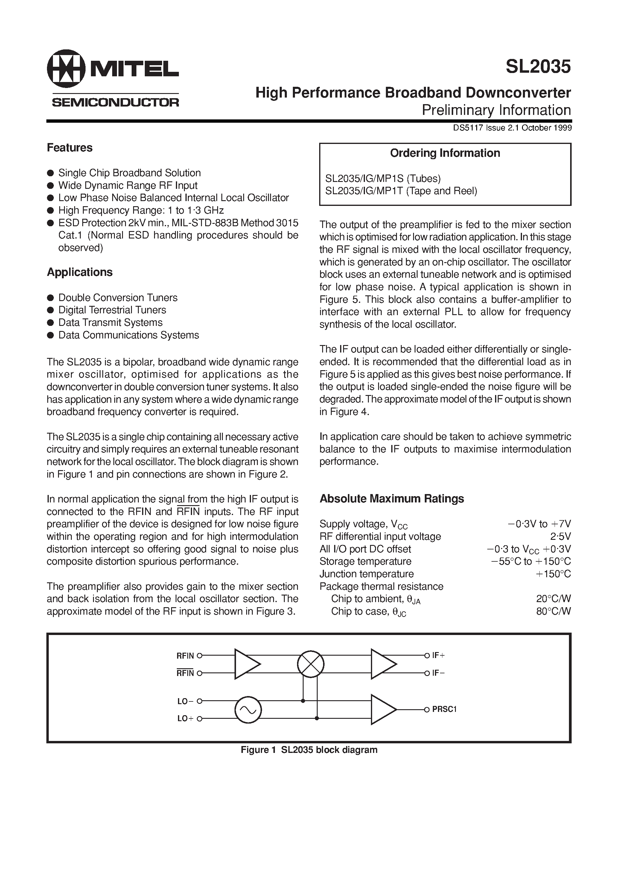 Datasheet SL2035 - High Performance Broadband Downconverter page 1