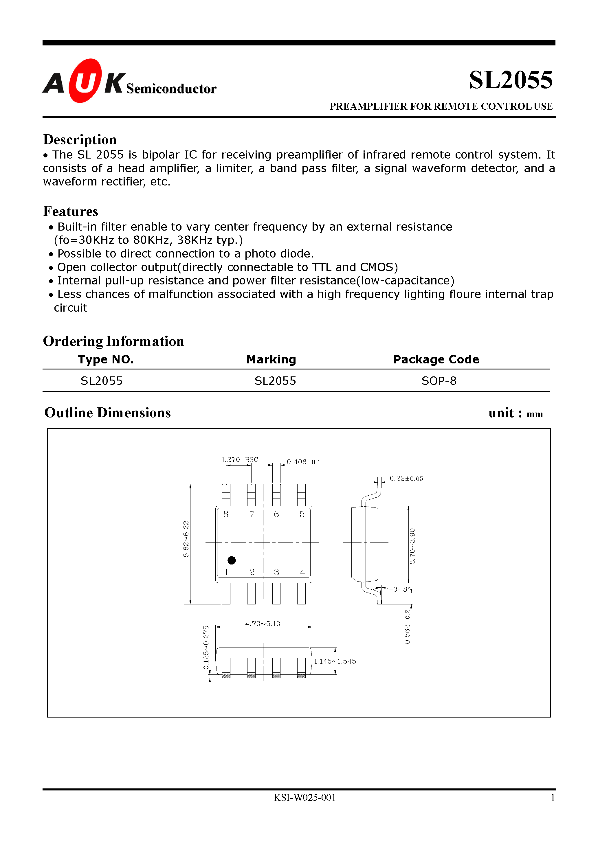 Datasheet SL2055 - PREAMPLIFIER FOR REMOTE CONTROL USE page 1