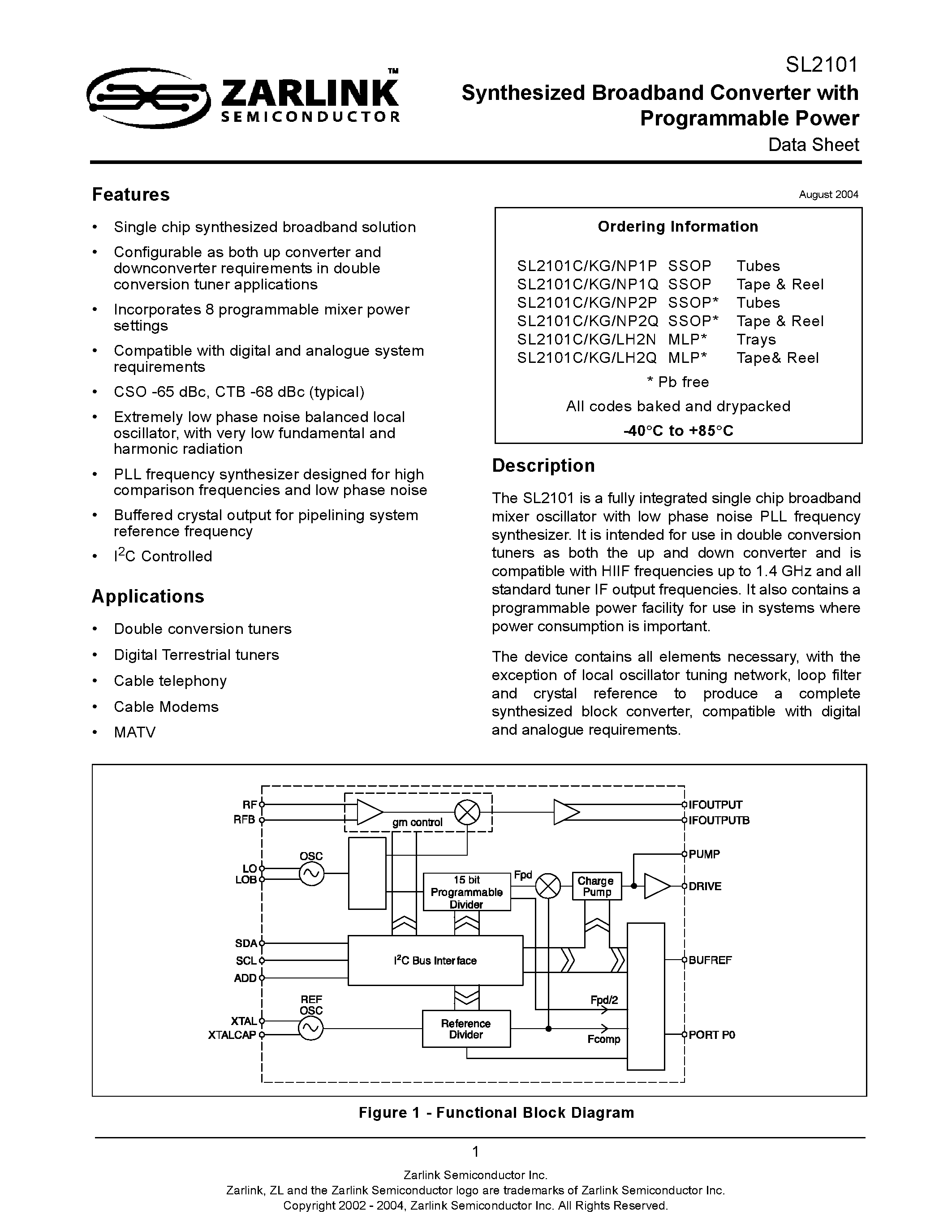 Datasheet SL2101 - Synthesized Broadband Converter with Programmable Power page 1