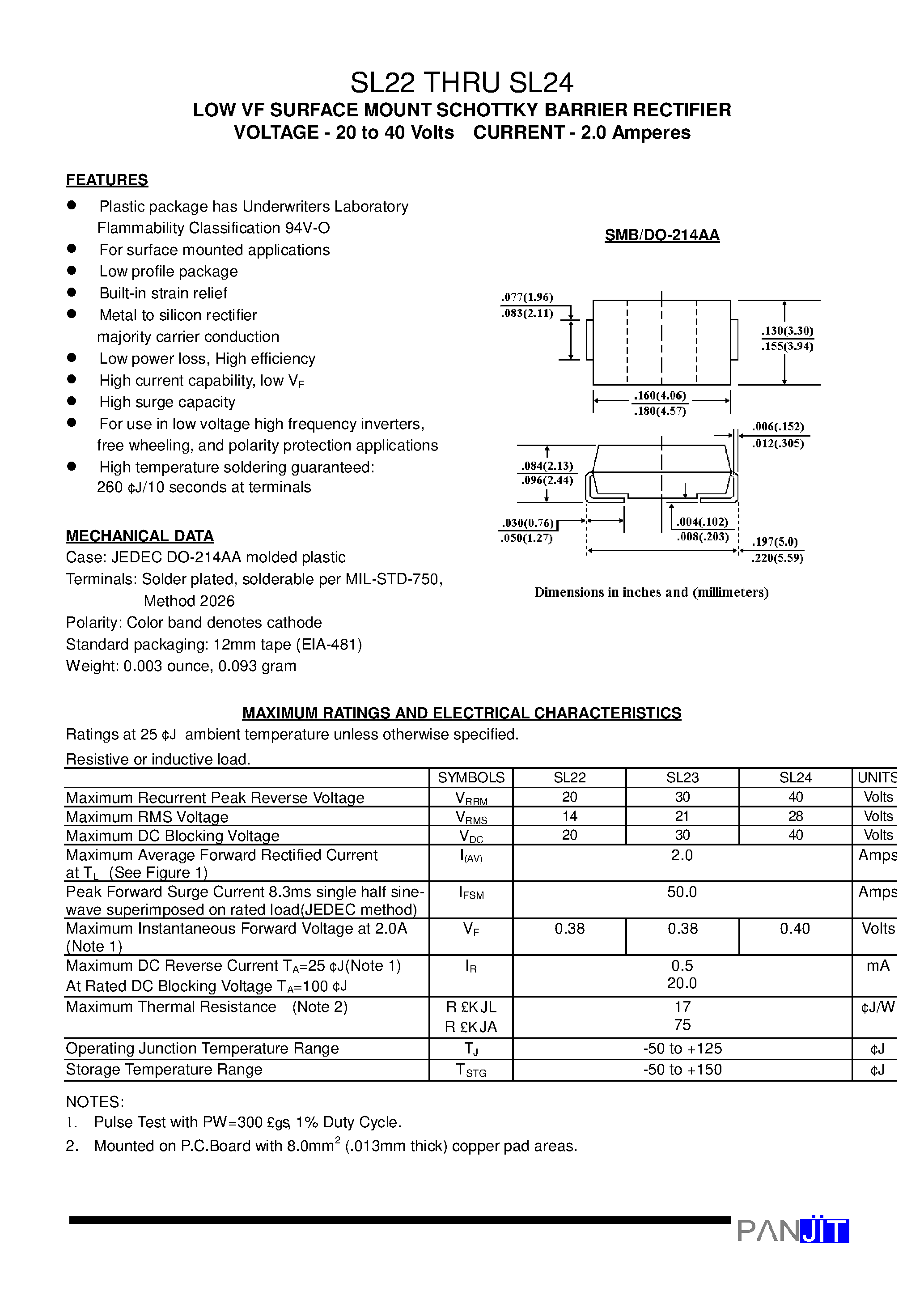 Datasheet SL22 - LOW VF SURFACE MOUNT SCHOTTKY BARRIER RECTIFIER(VOLTAGE - 20 to 40 Volts CURRENT - 2.0 Amperes) page 1