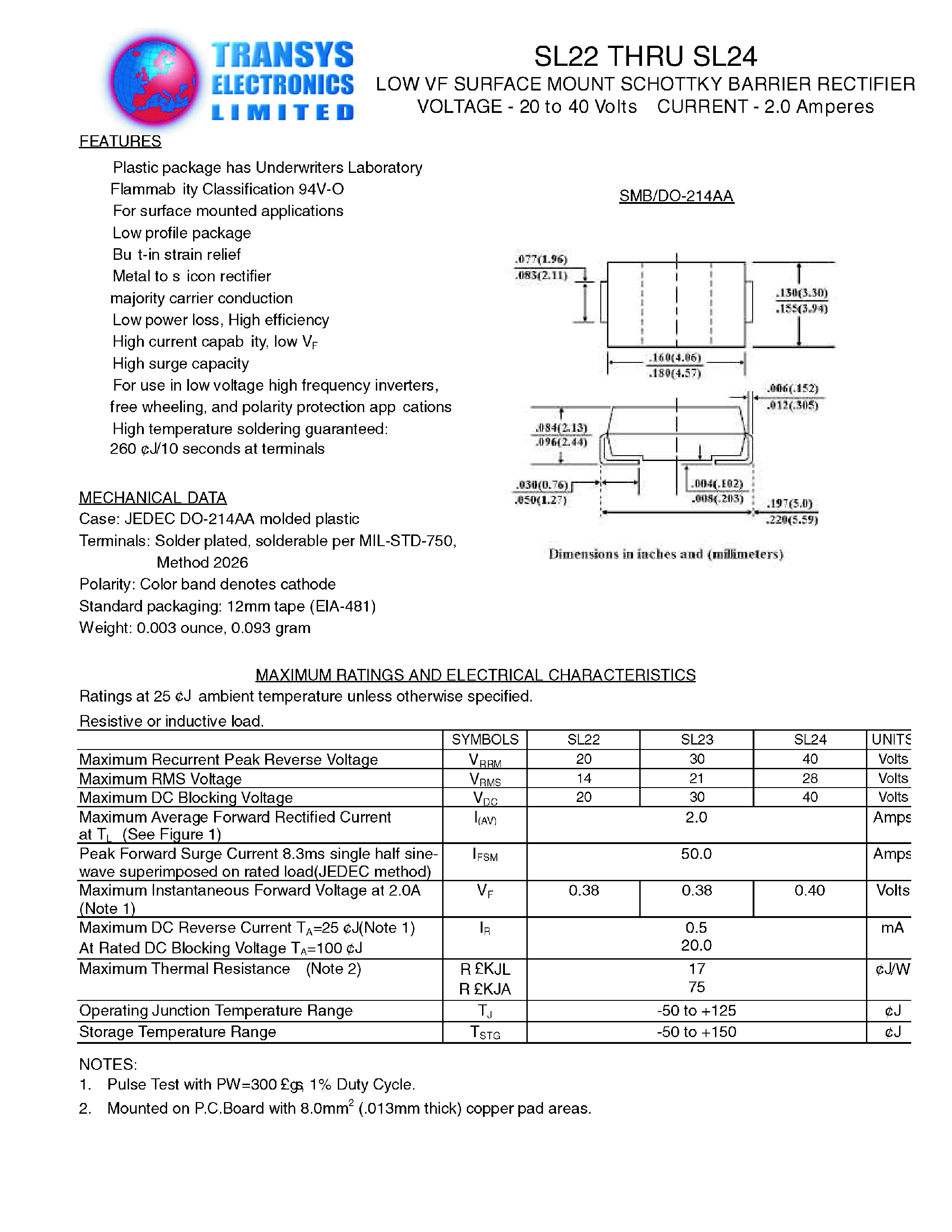 Datasheet SL22 - LOW VF SURFACE MOUNT SCHOTTKY BARRIER RECTIFIER page 1