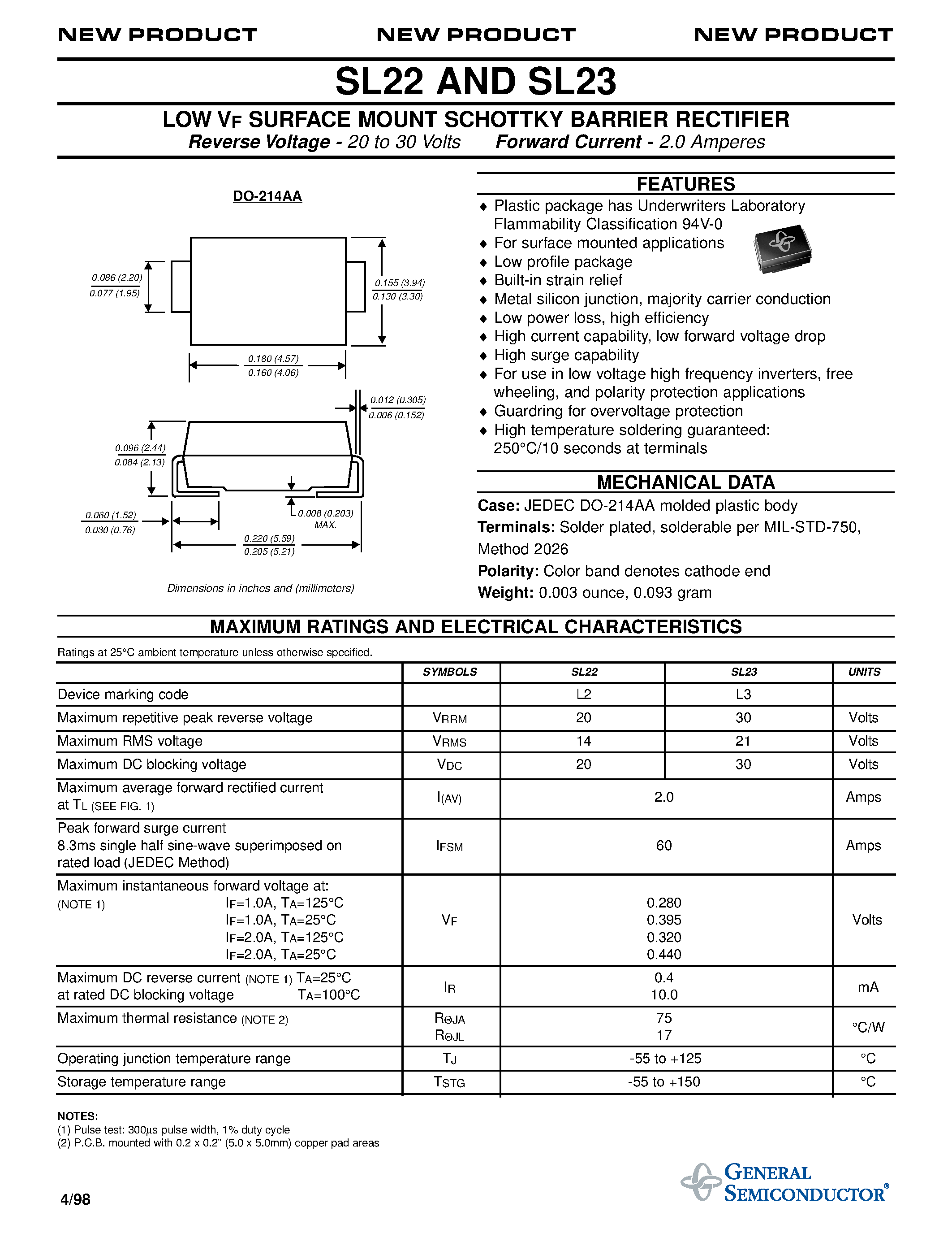 Datasheet SL23 page 1 Datasheet SL23 - LOW VF SURFACE MOUNT SCHOTTKY BARRIER RECTIFIER page 1