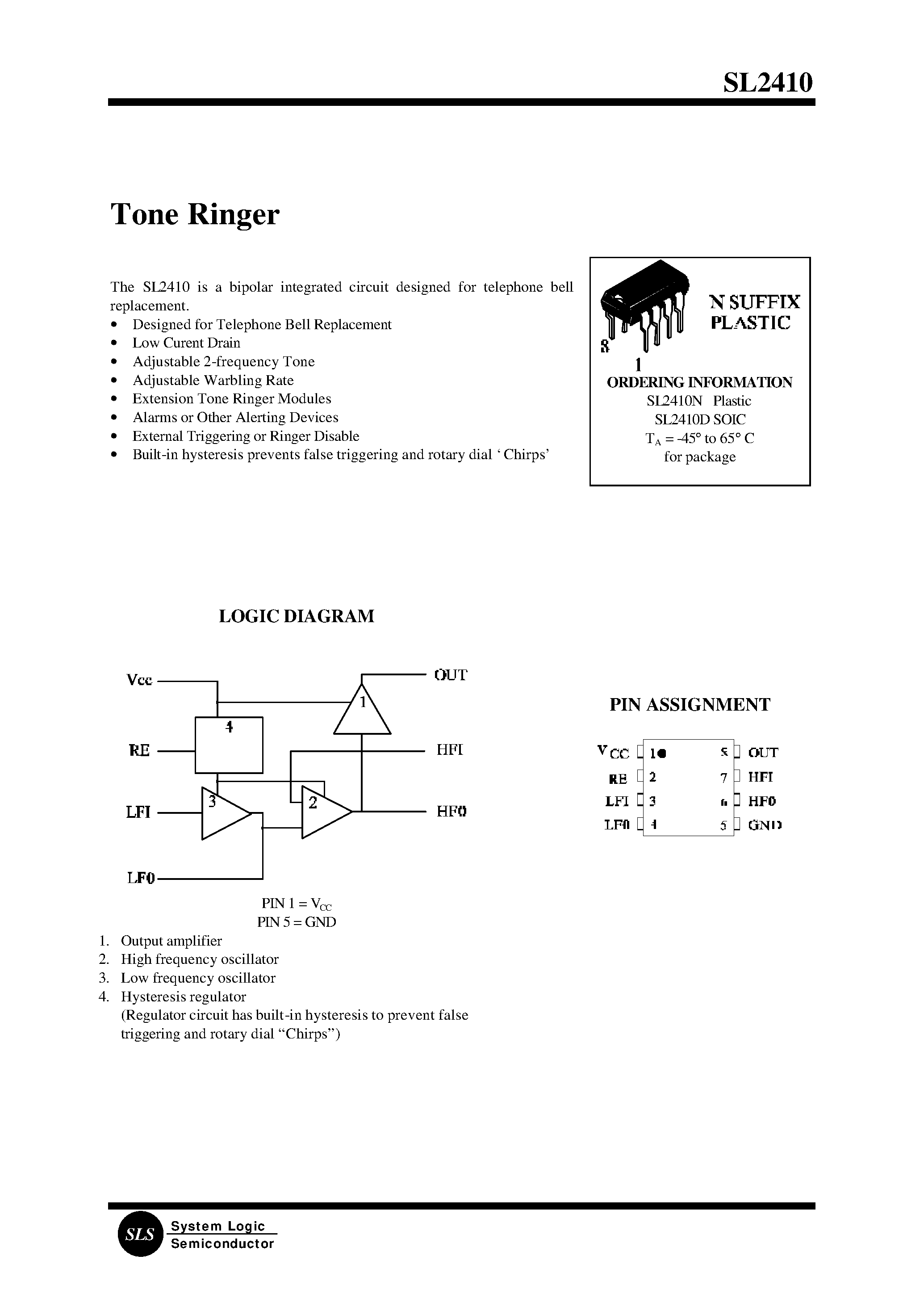 Datasheet SL2410N - Tone Ringer page 1