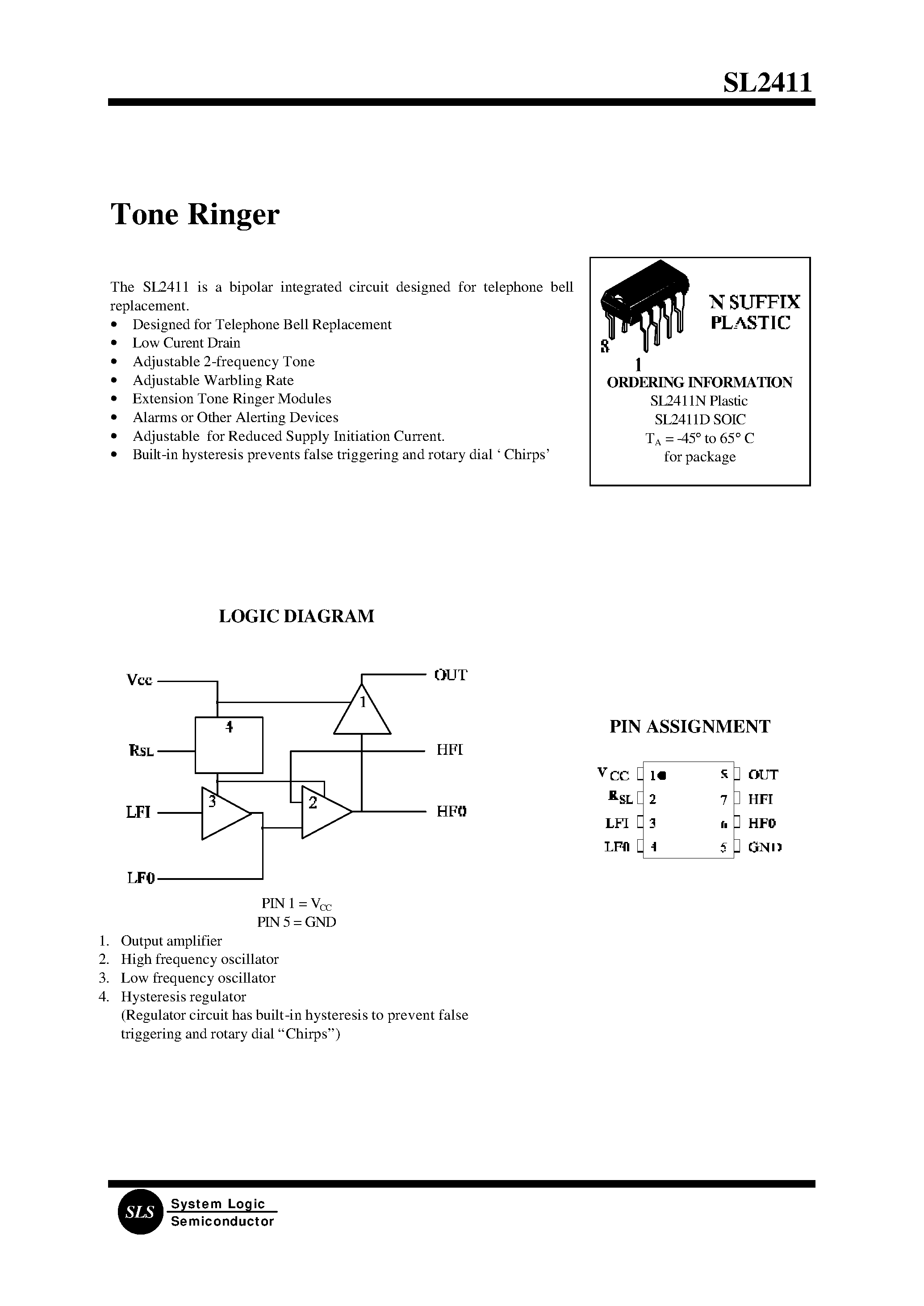 Даташит SL2411 - Tone Ringer страница 1