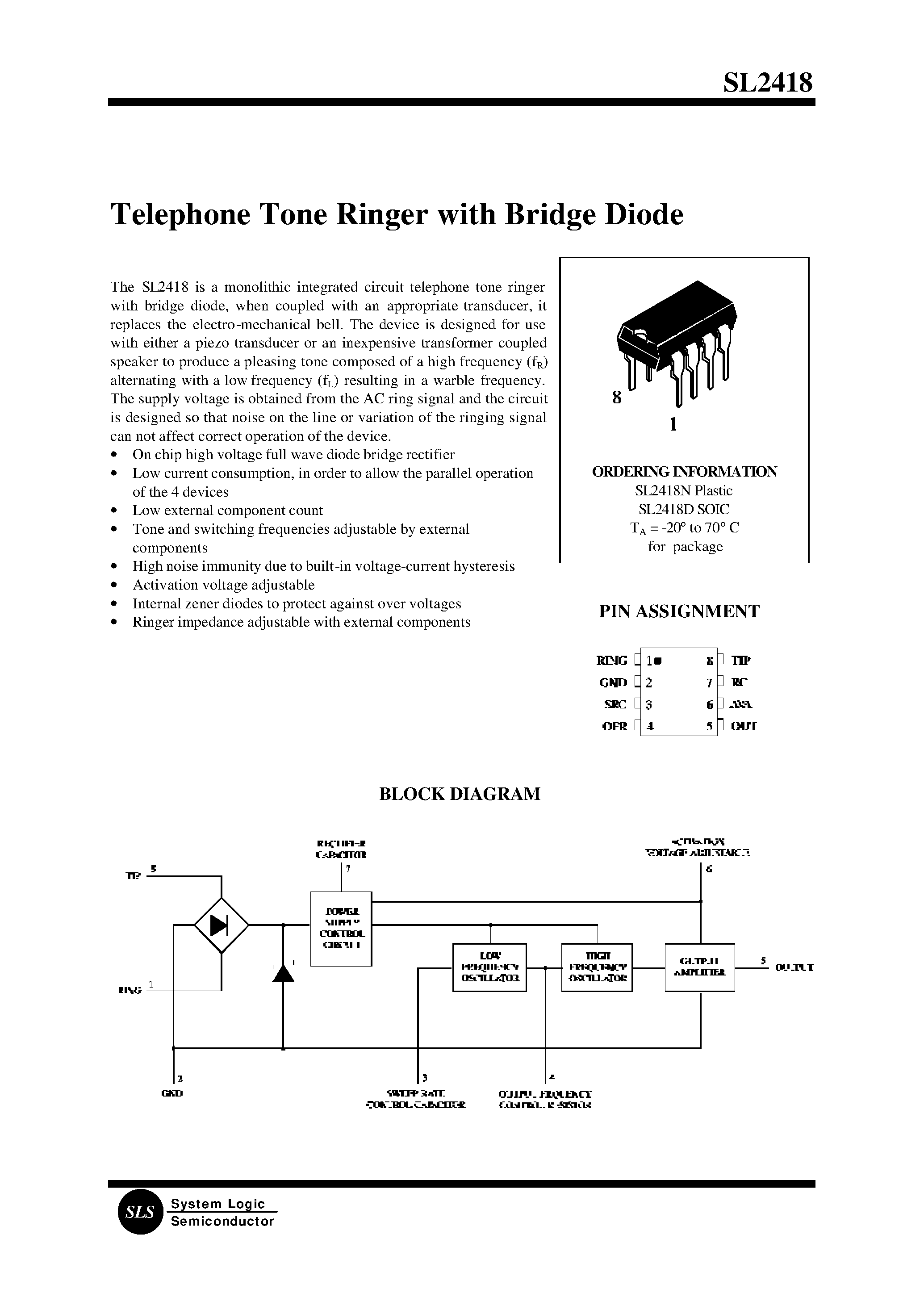 Даташит SL2418 - Telephone Tone Ringer with Bridge Diode страница 1