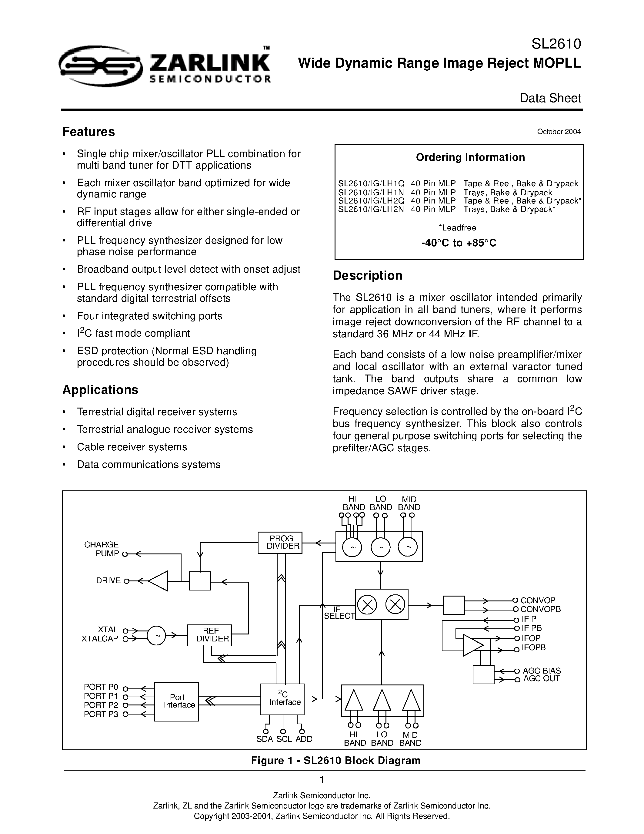 Datasheet SL2610IG - Wide Dynamic Range Image Reject MOPLL page 1