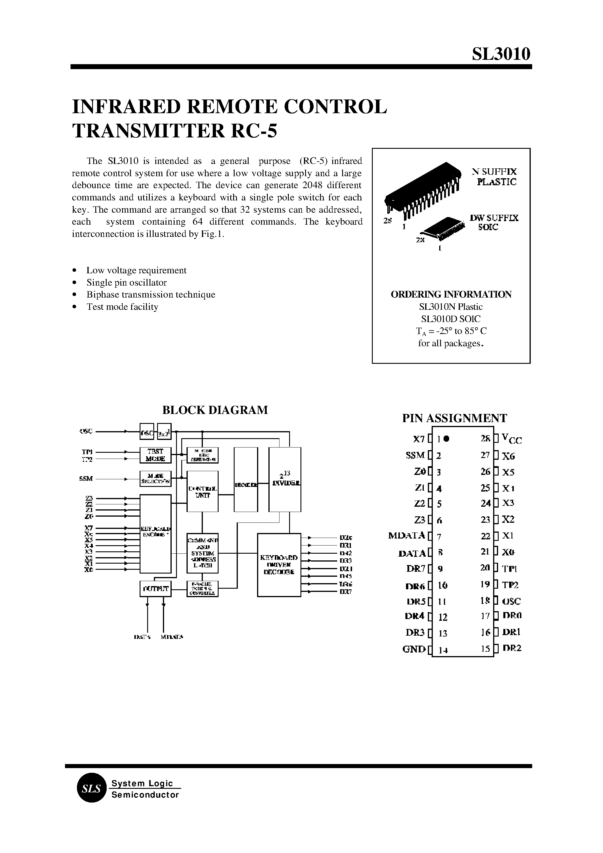 Datasheet SL3010DW - INFRARED REMOTE CONTROL TRANSMITTER RC-5 page 1