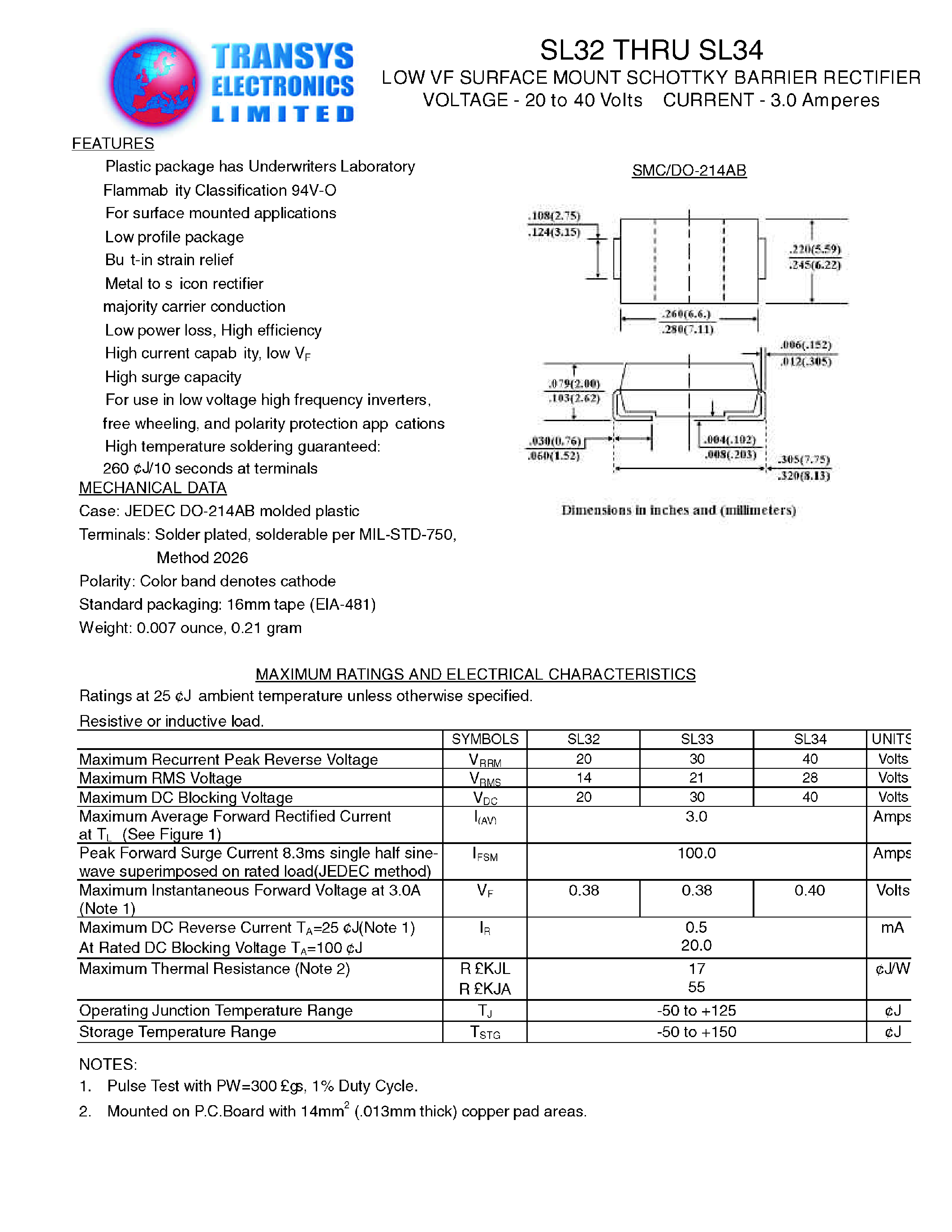 Datasheet SL32 page 1 Datasheet SL32 - LOW VF SURFACE MOUNT SCHOTTKY BARRIER RECTIFIER page 1