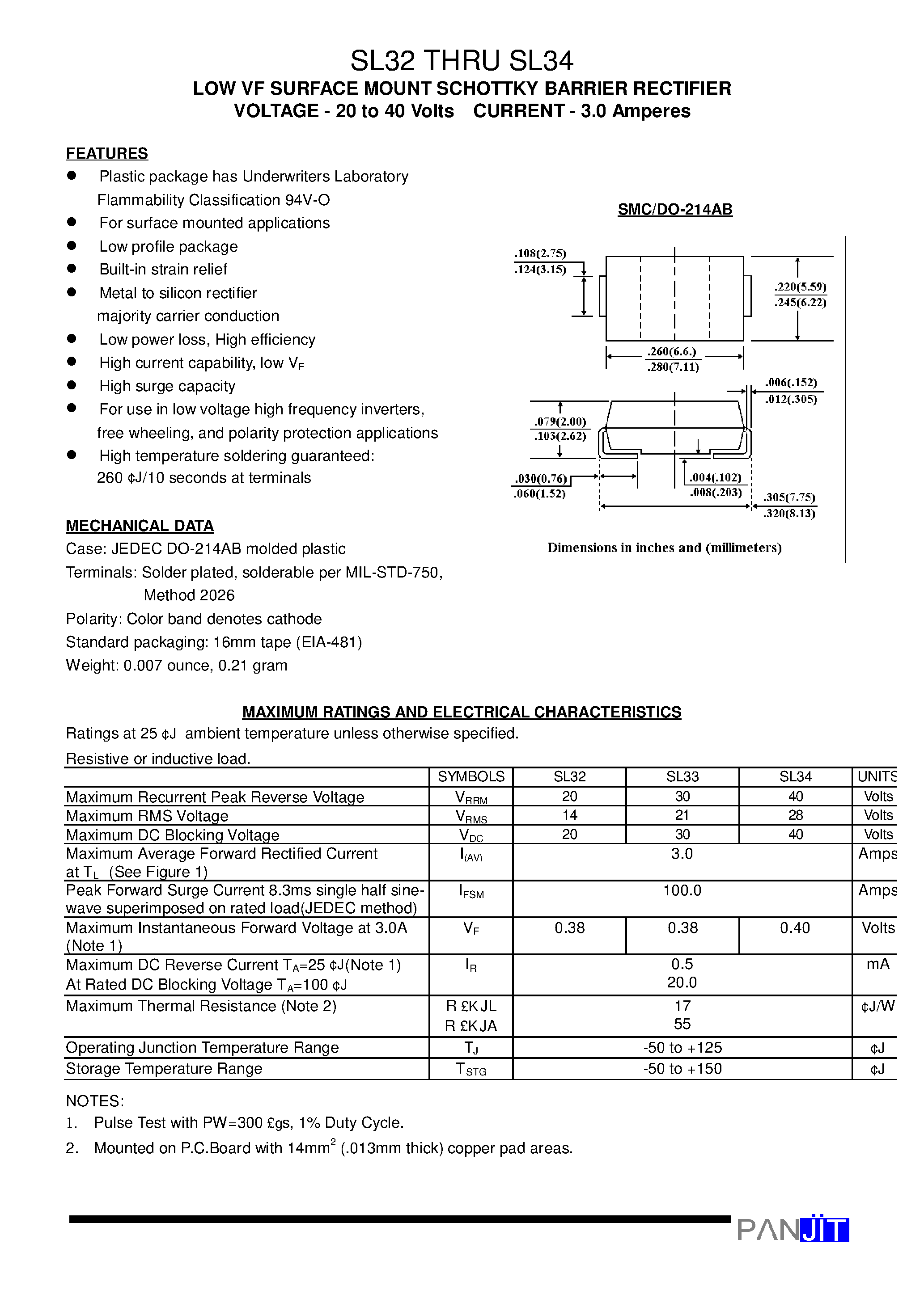 Datasheet SL34 page 1 Datasheet SL34 - LOW VF SURFACE MOUNT SCHOTTKY BARRIER RECTIFIER page 1