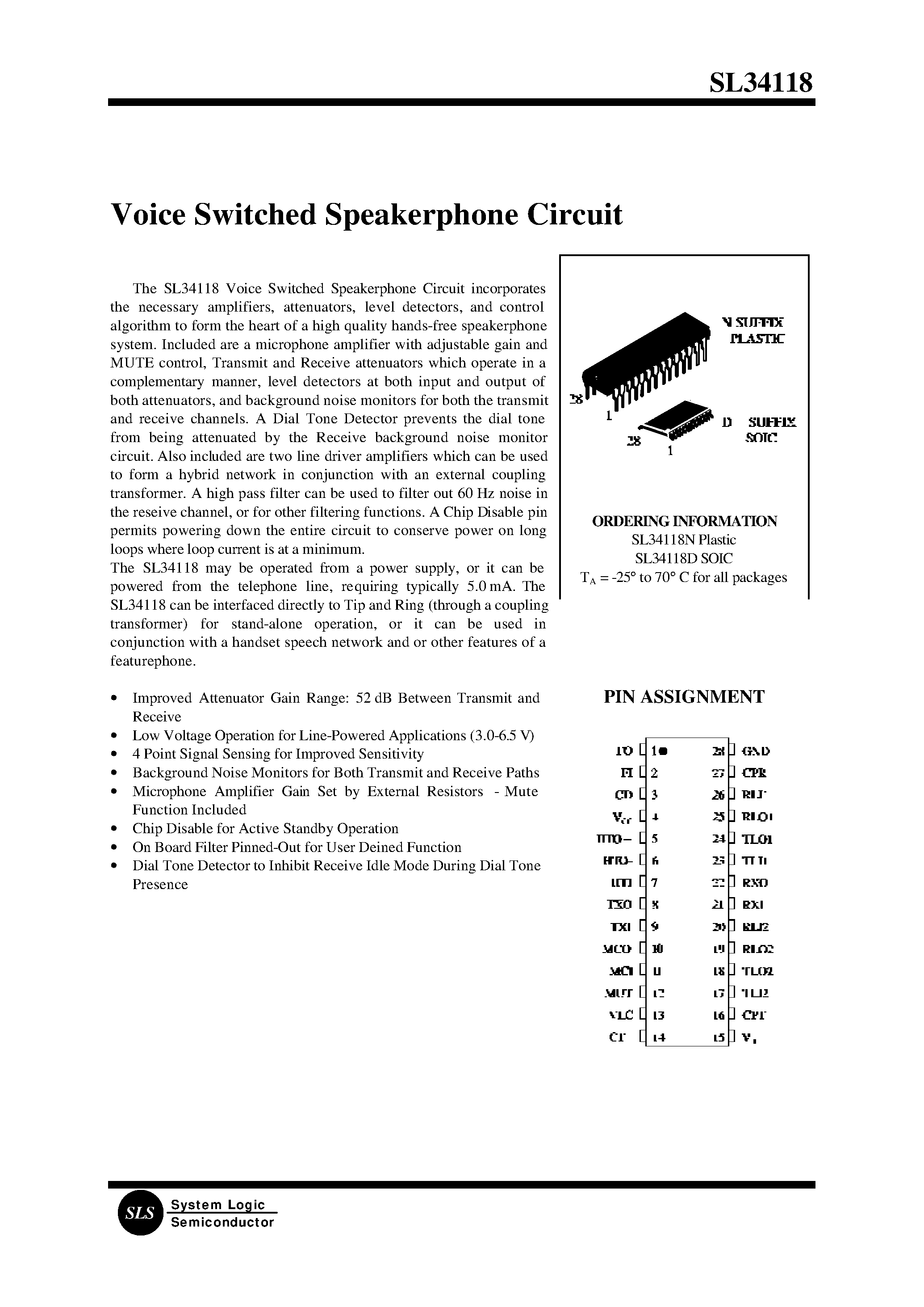 Datasheet SL34118D - Voice Switched Speakerphone Circuit page 1