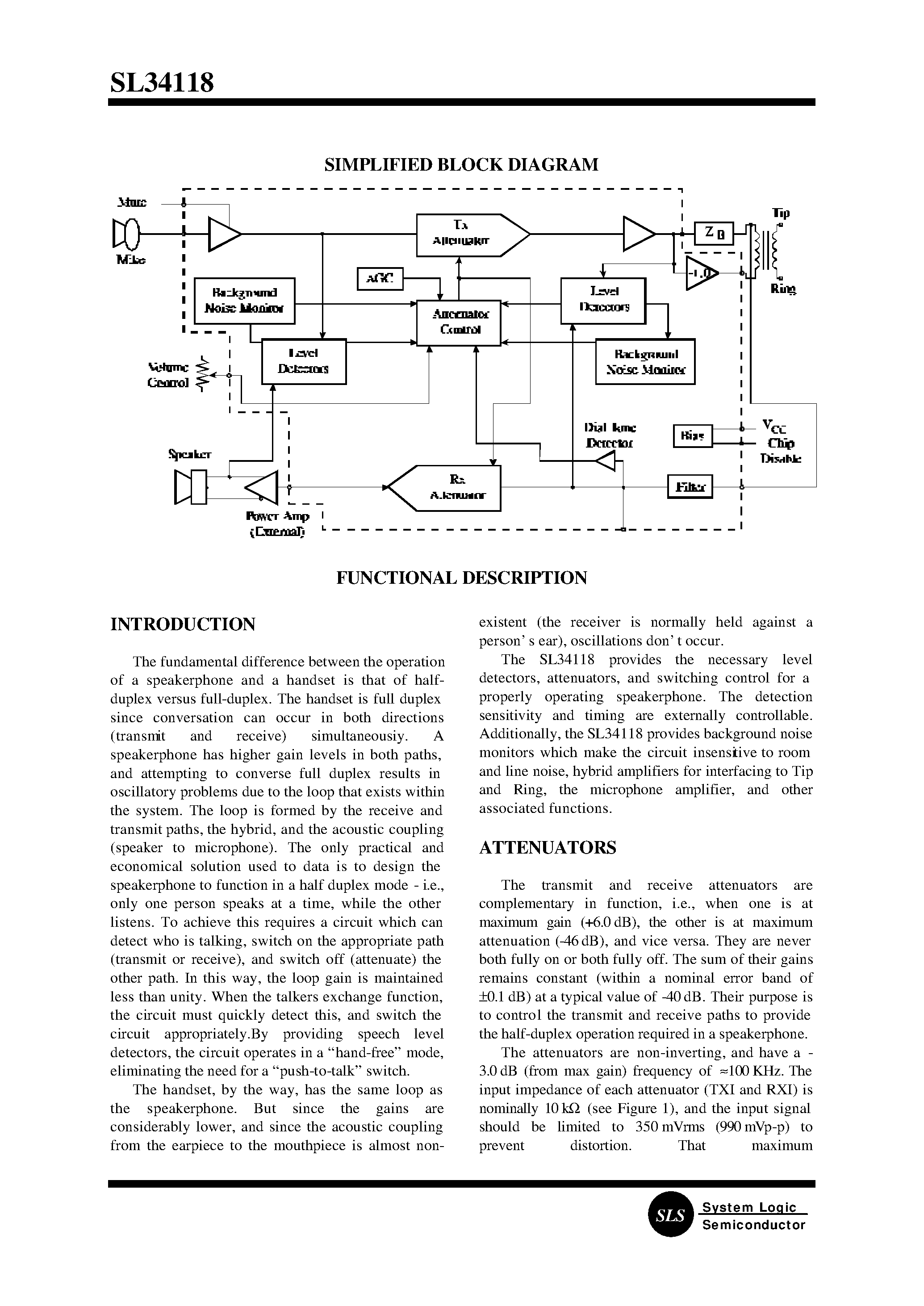 Datasheet SL34118N - Voice Switched Speakerphone Circuit page 2