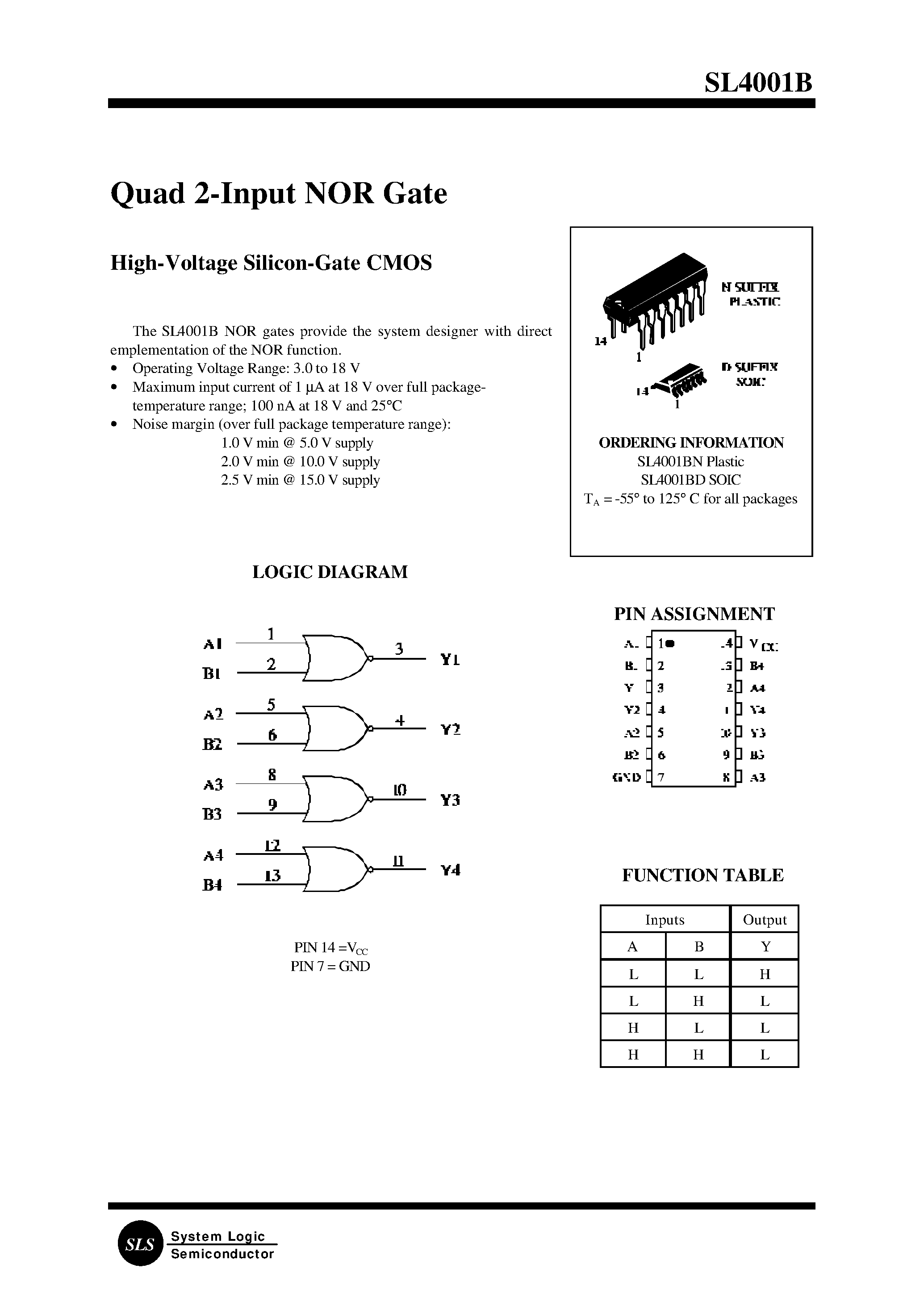 Datasheet SL4001B - Quad 2-Input NOR Gate page 1
