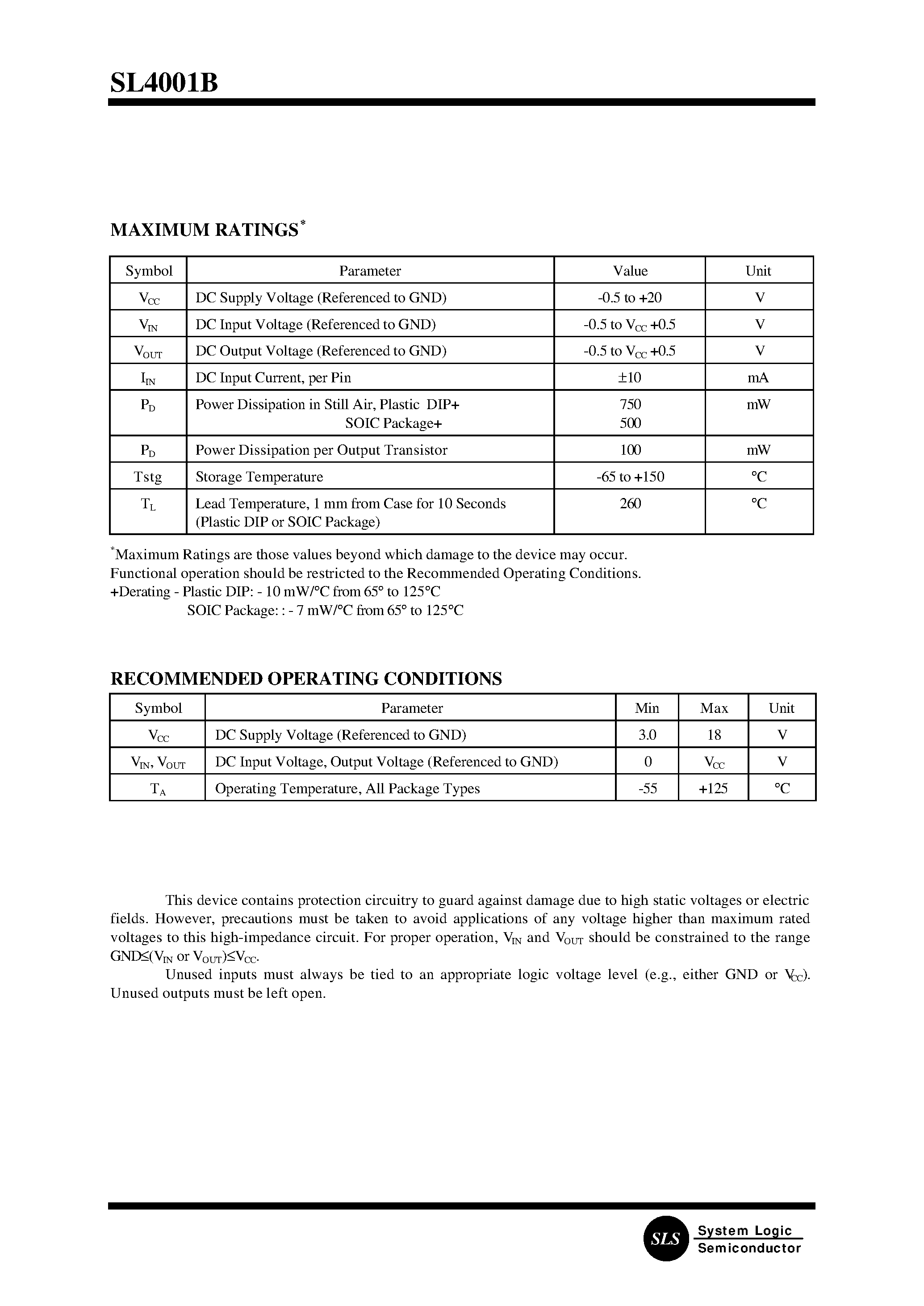 Datasheet SL4001BN page 2 Datasheet SL4001BN - Quad 2-Input NOR Gate page 2