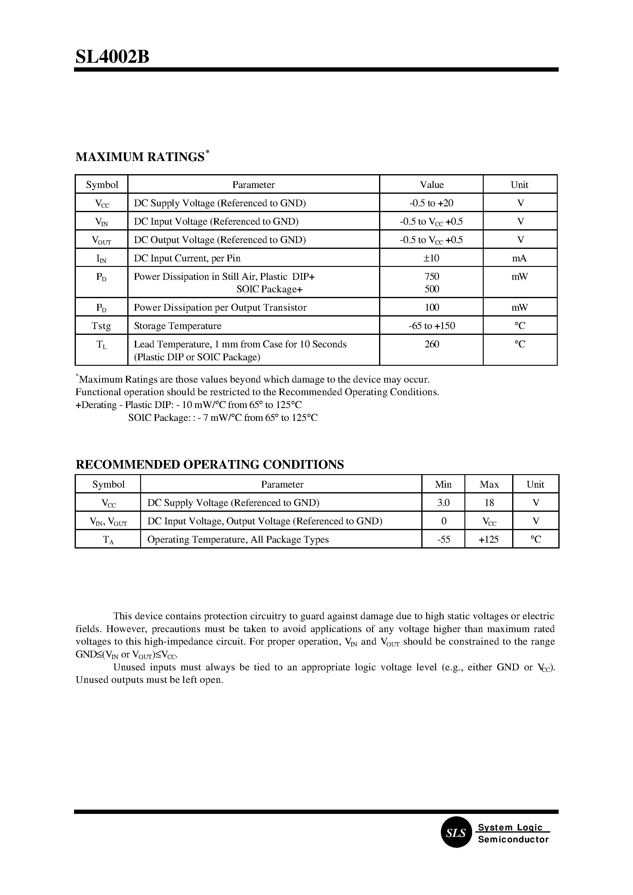 Datasheet SL4002B - Dual 4-Input NOR Gate page 2