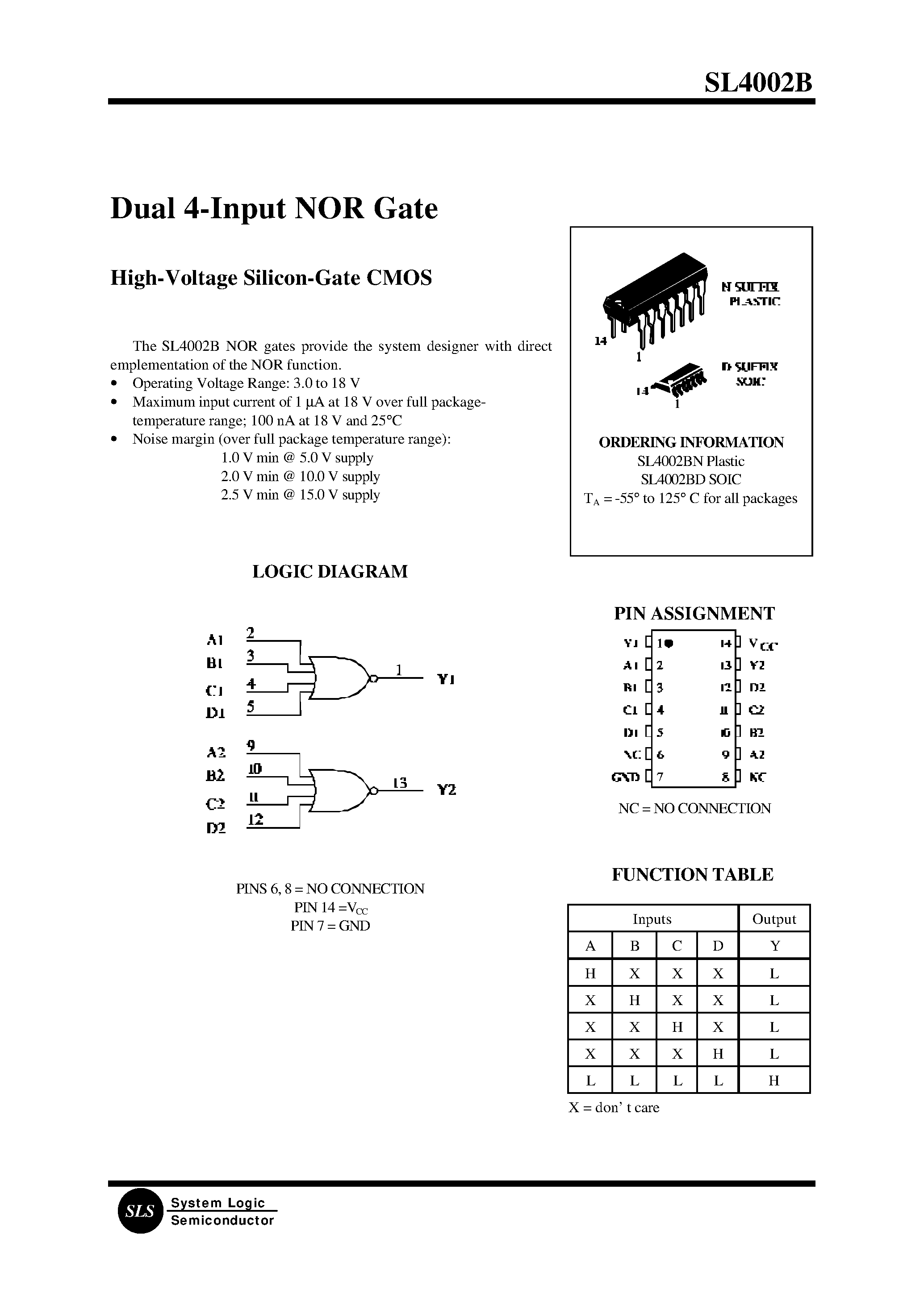 Datasheet SL4002BD - Dual 4-Input NOR Gate page 1