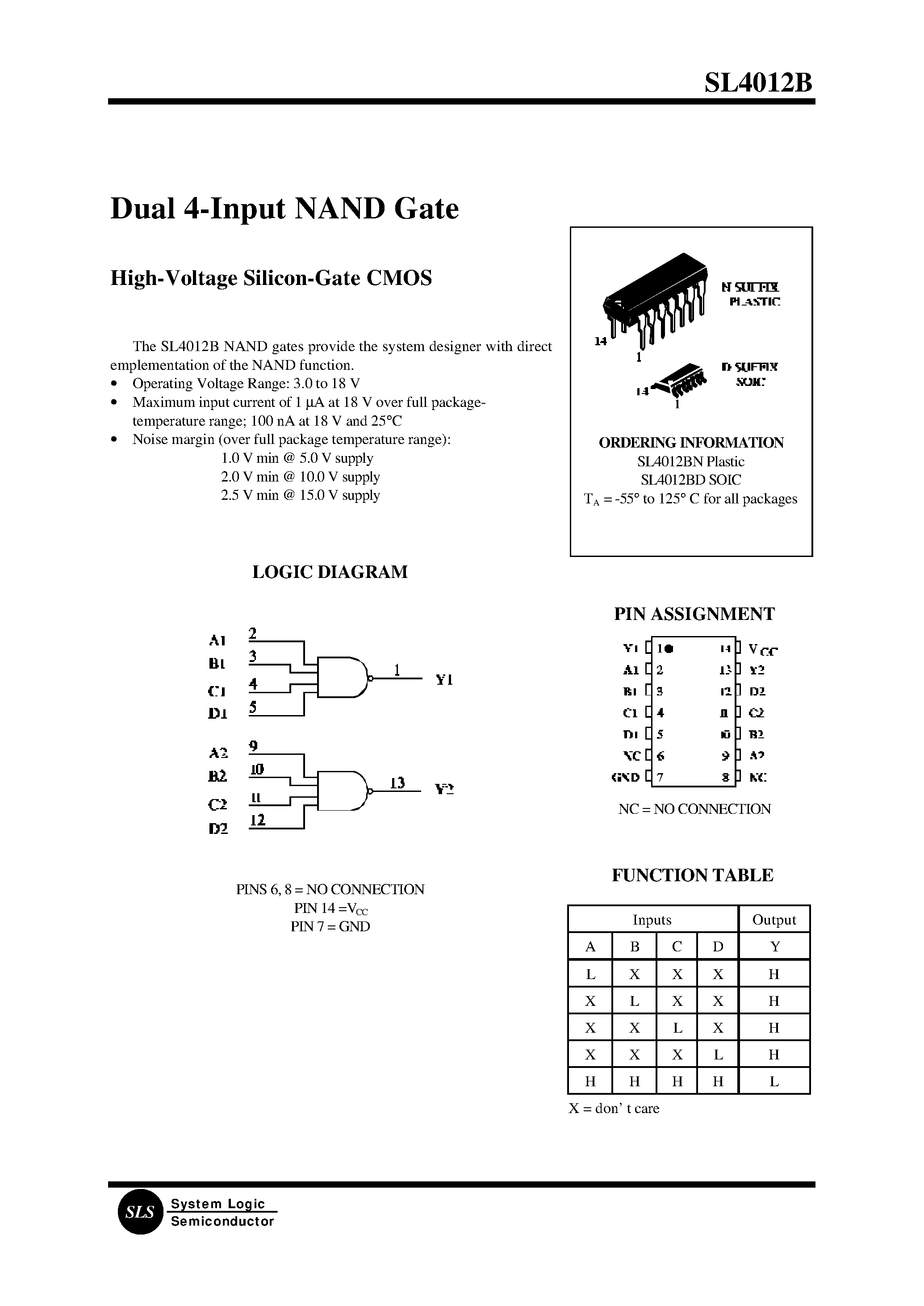 Datasheet SL4012BN - Dual 4-Input NAND Gate page 1